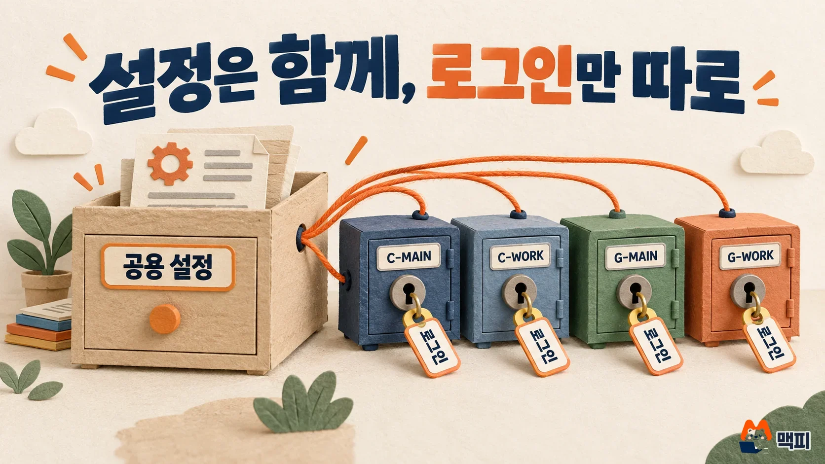 클로드 코드와 코덱스 계정 여러 개가 공용 설정 서랍장을 함께 쓰고 로그인 열쇠만 계정별로 갖는 구조를 그린 그림