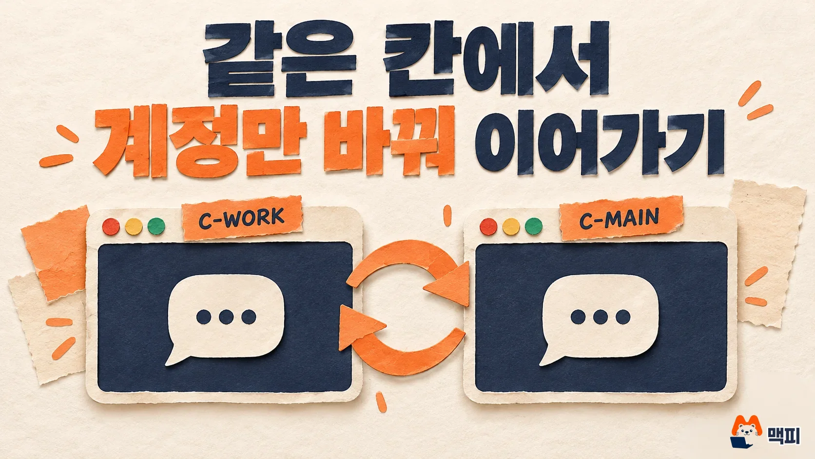 클로드 코드 세션을 전환할 때 같은 터미널 칸에서 대화는 유지되고 계정 이름표만 바뀌는 모습을 그린 그림