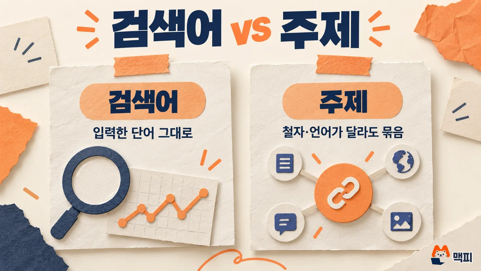 구글 트렌드 사용법에서 입력한 단어 그대로 세는 검색어와 철자·언어가 달라도 묶는 주제를 비교한 도해