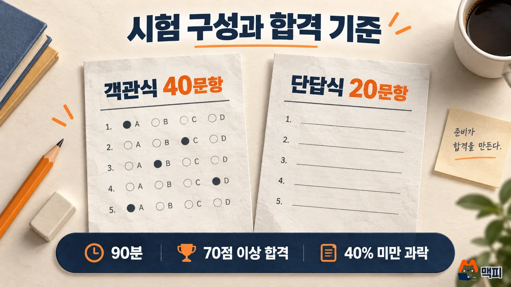 검색광고마케터 1급 시험 구성, 객관식 40문항과 단답식 20문항, 90분, 70점 이상 합격을 보여 주는 도해