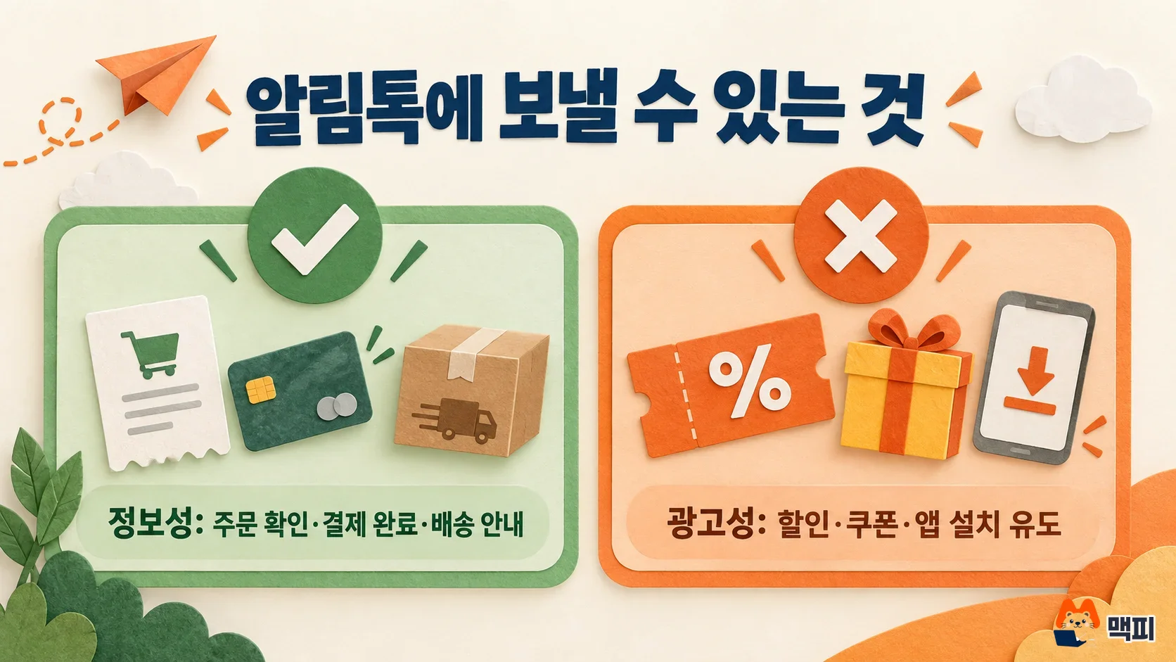 Side-by-side diagram of informational messages that Kakao Alimtalk can send and advertising messages it cannot send