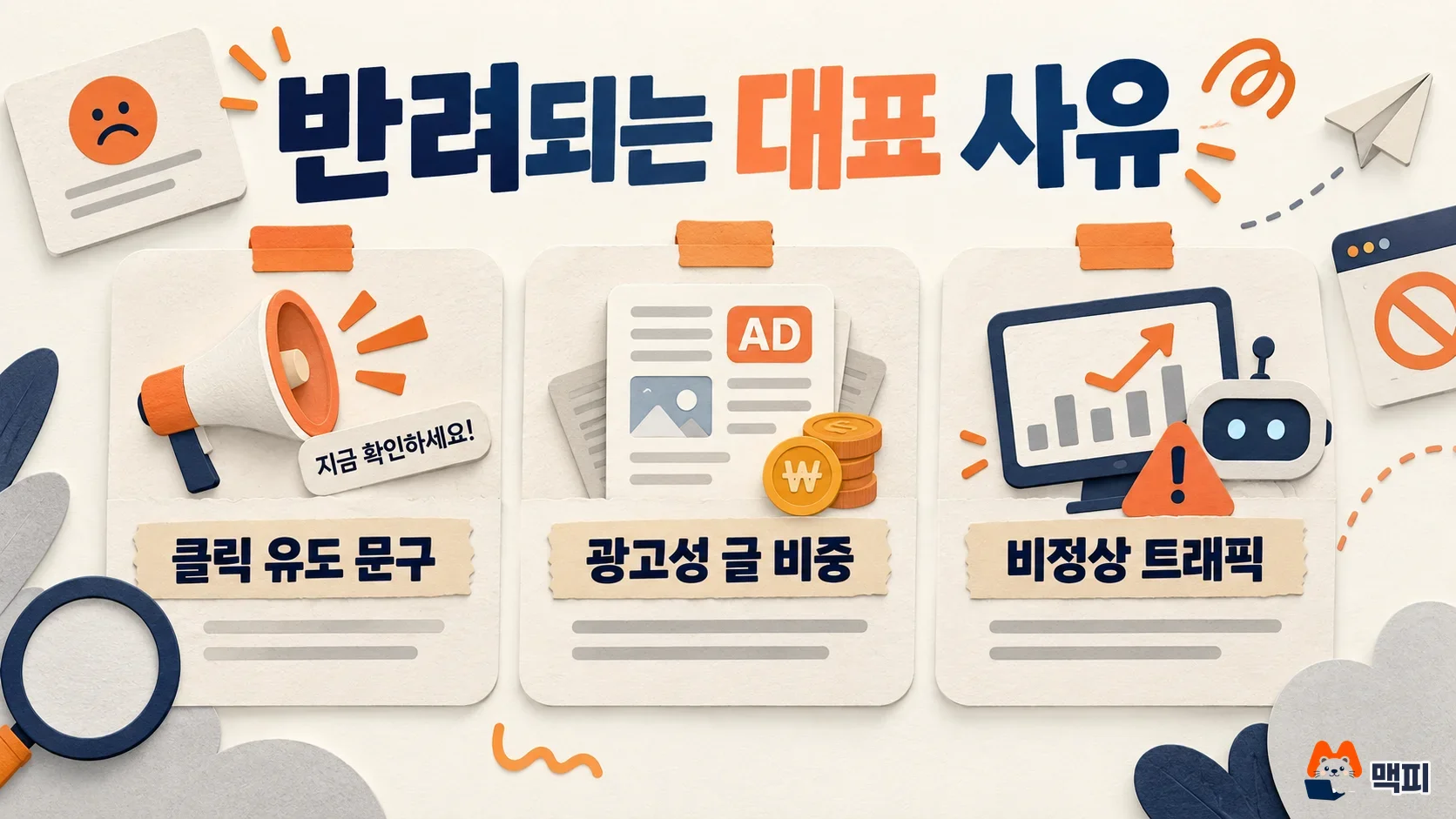 애드포스트 미디어 반려 사유인 클릭 유도 문구, 광고성 글 비중, 비정상 트래픽을 정리한 그림