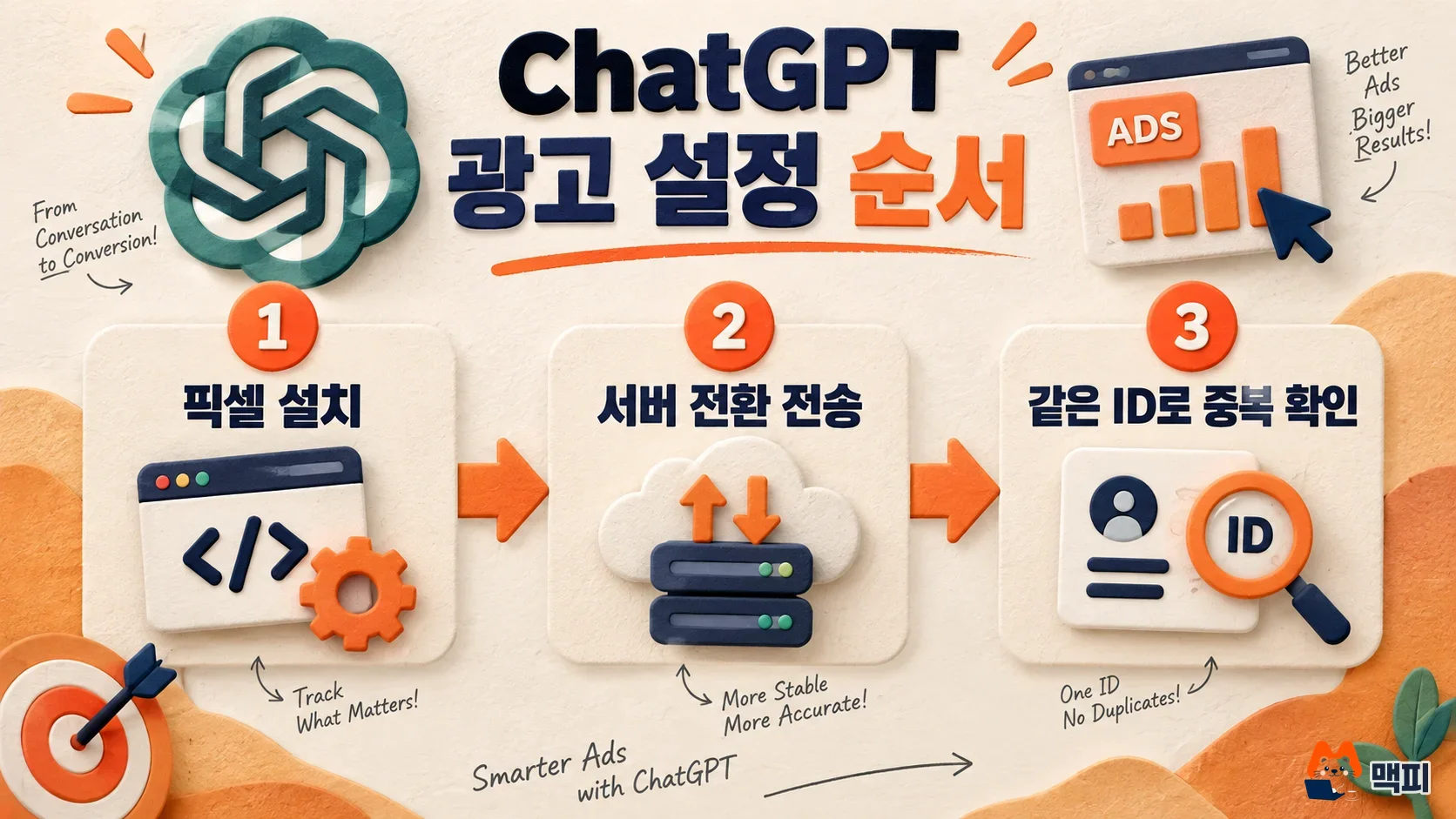 ChatGPT ads setup order diagram: install the pixel, send server conversions, check duplicates with the same ID