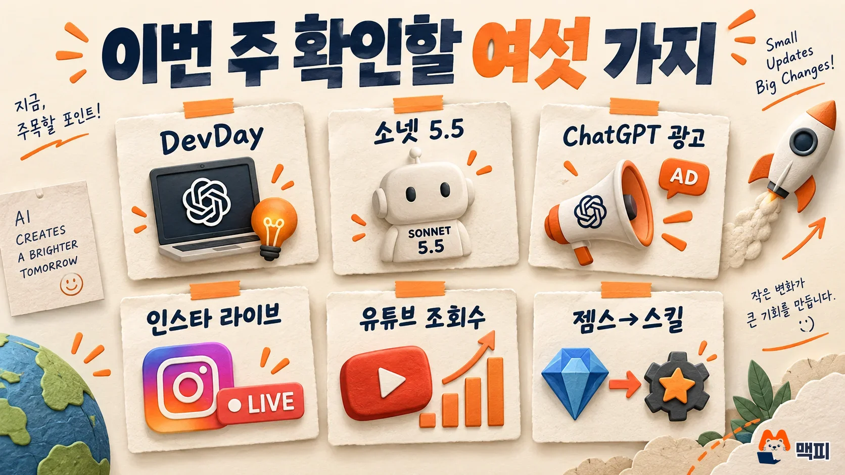 Diagram of this week's six marketing news items: DevDay, Sonnet 5.5, ChatGPT ads, Instagram Live, YouTube views, Gemini Skills transition