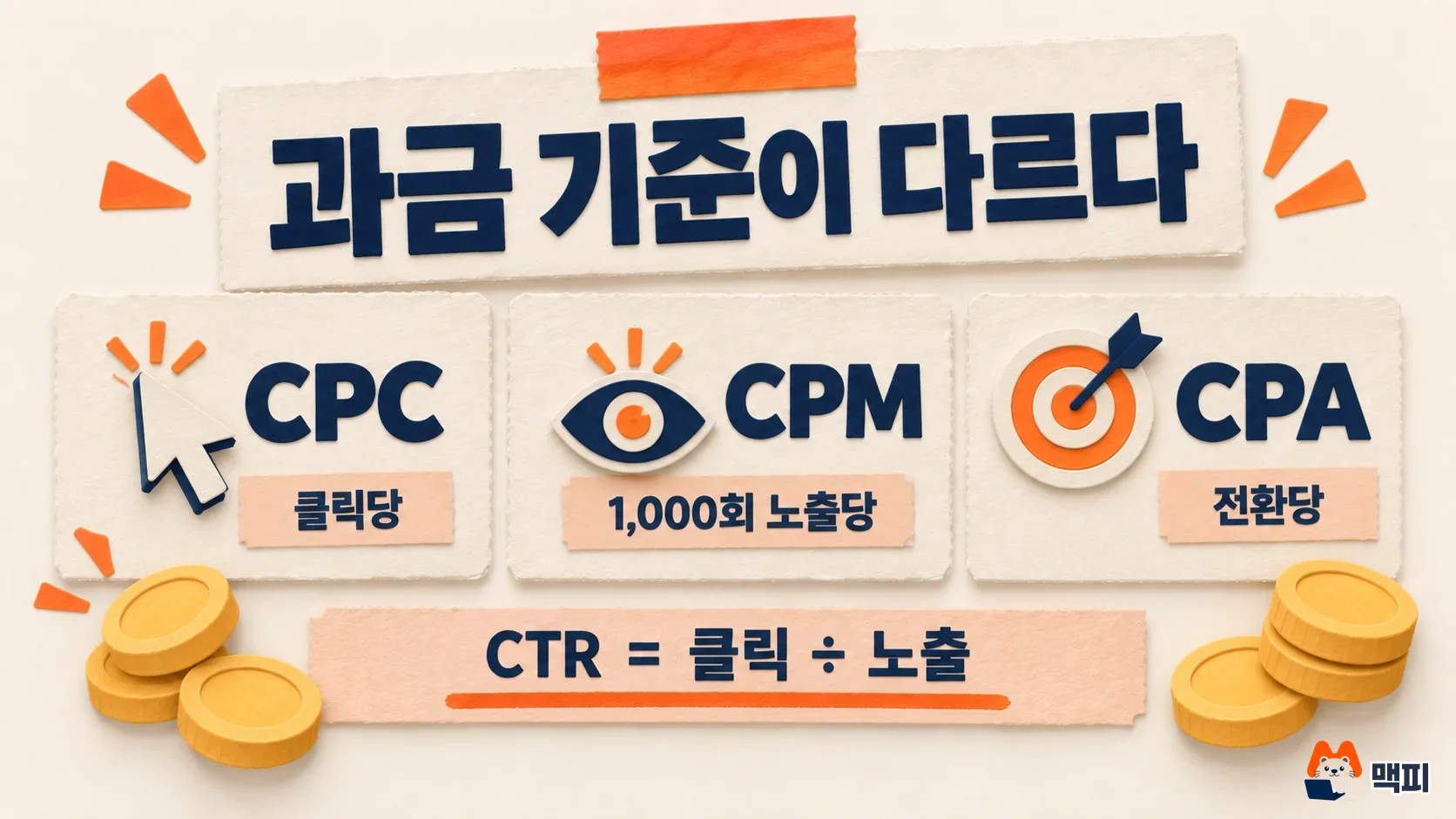 CPC 뜻과 CPM, CPA 차이: 클릭당, 1,000회 노출당, 전환당으로 과금 기준이 다른 세 가지 지표 비교 도해