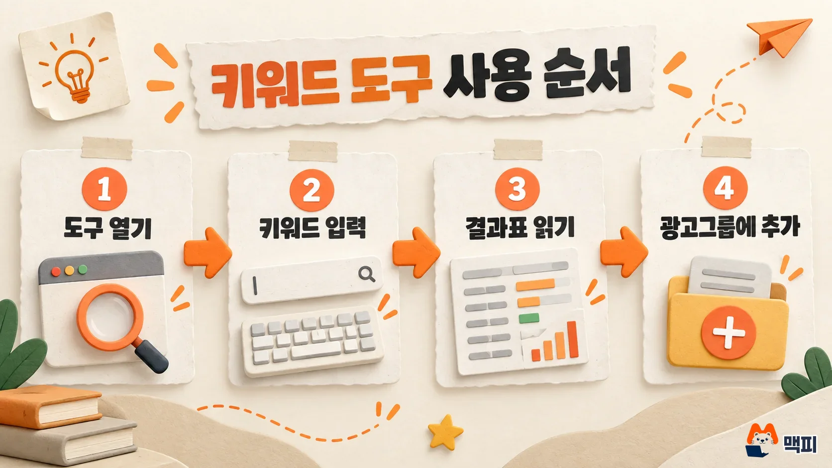 Diagram of the Naver Keyword Tool steps: open the tool, enter keywords, read the results table, and add to an ad group