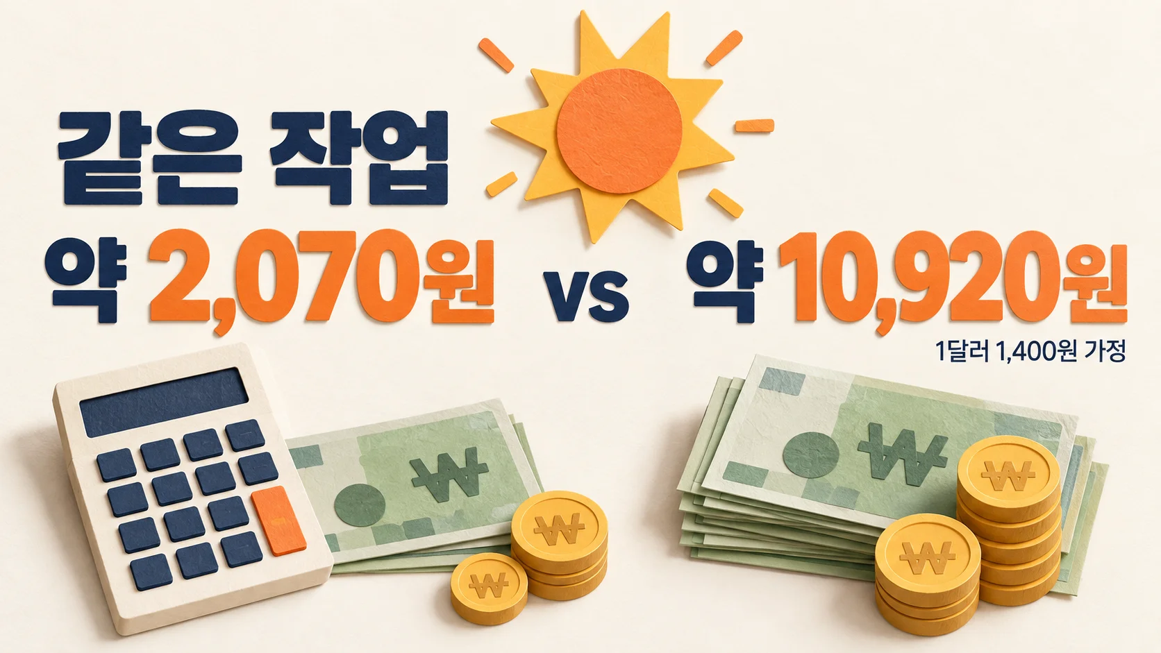 GPT-6.1 Sol 가격으로 같은 작업을 돌리면 약 2,070원, 아스트라는 약 10,920원임을 비교한 원화 계산 도해