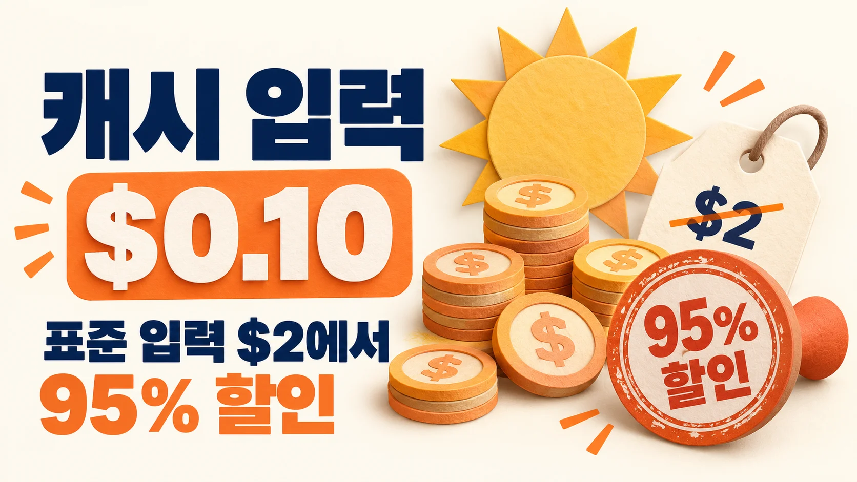 GPT-6.1 Sol 가격에서 캐시 입력이 표준 입력 2달러보다 95% 싼 0.10달러임을 보여 주는 토큰 코인과 할인 도장 도해