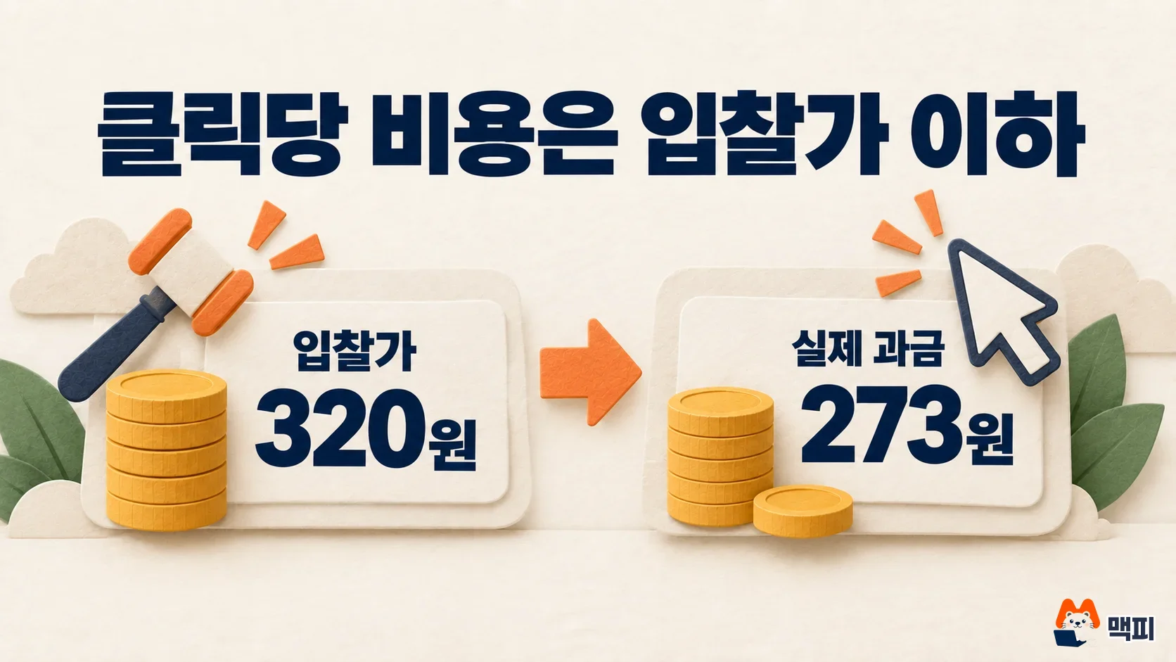 네이버 파워링크 광고 비용 예시: 입찰가 320원이어도 실제 클릭당 광고비는 273원으로 입찰가 이하가 되는 그림