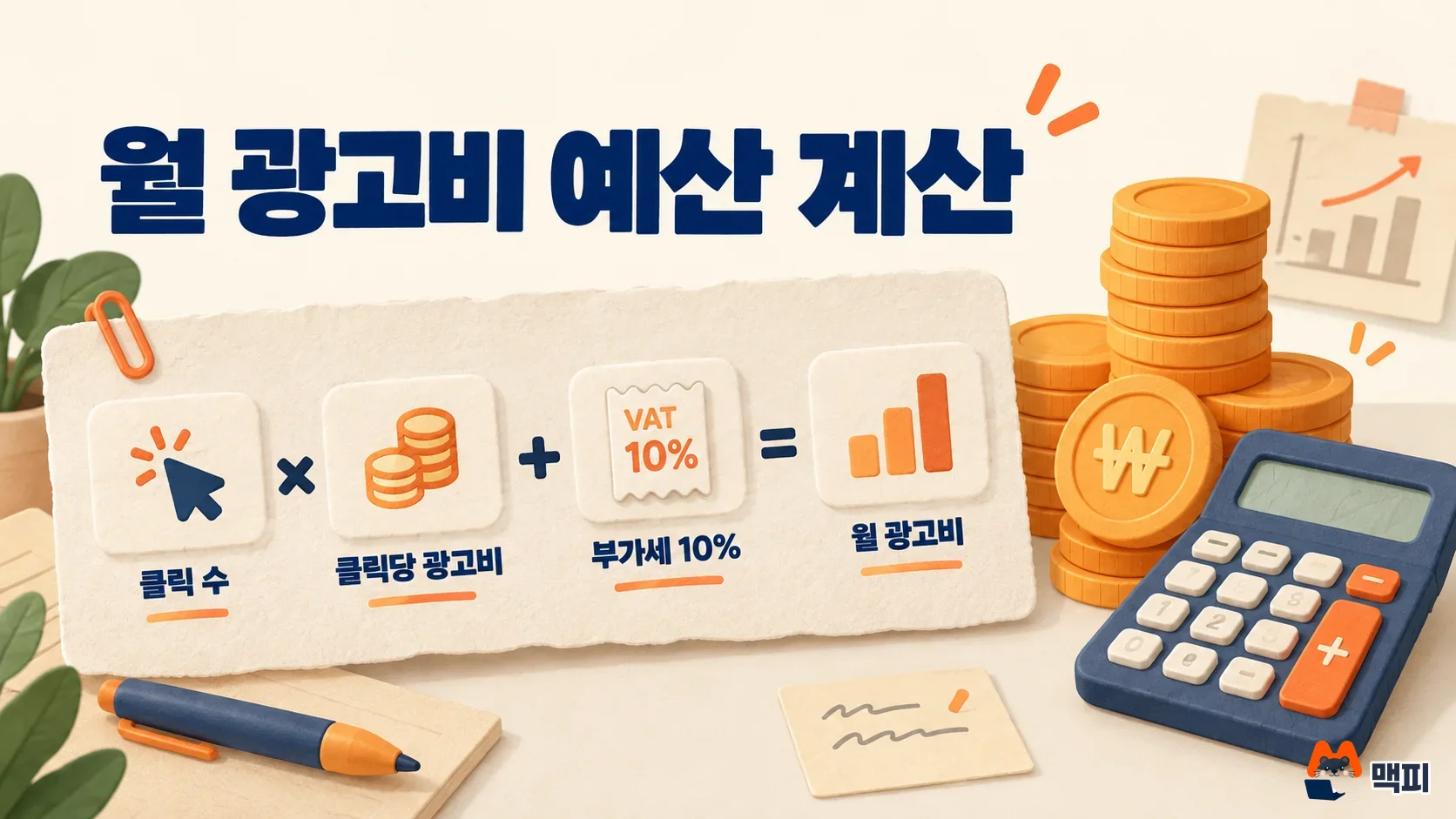 네이버 파워링크 광고 월 광고비 계산: 클릭 수와 클릭당 광고비를 곱하고 부가세 10%를 더하는 공식 그림