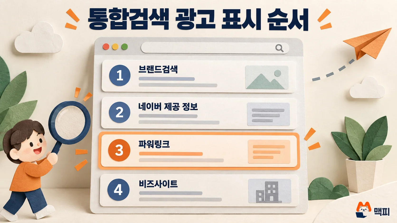 네이버 파워링크가 표시되는 통합검색 광고 순서: 브랜드검색, 네이버 제공 정보, 파워링크, 비즈사이트 순서 그림