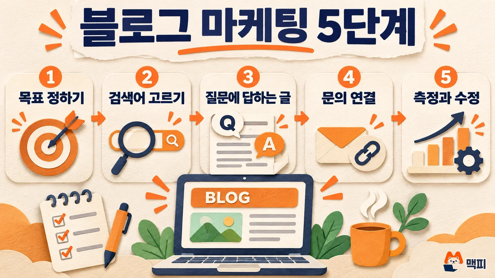 블로그 마케팅 방법 5단계를 목표 정하기부터 측정과 수정까지 보여 주는 도해