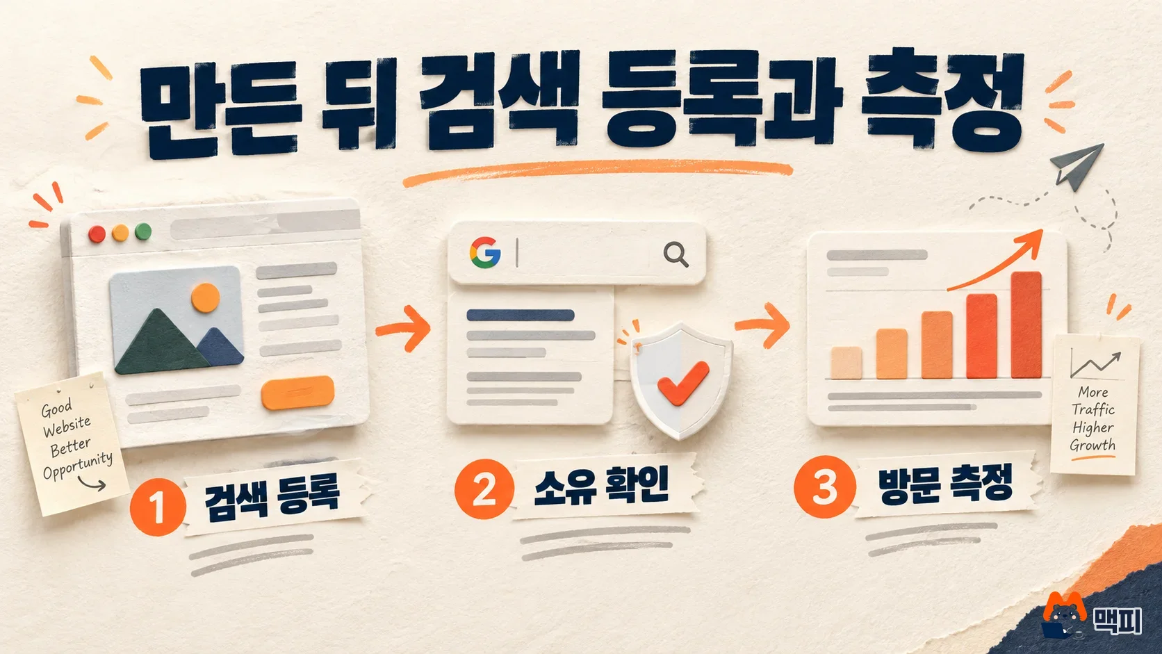 Three-step flow after making a website: search registration, ownership verification, and visit tracking