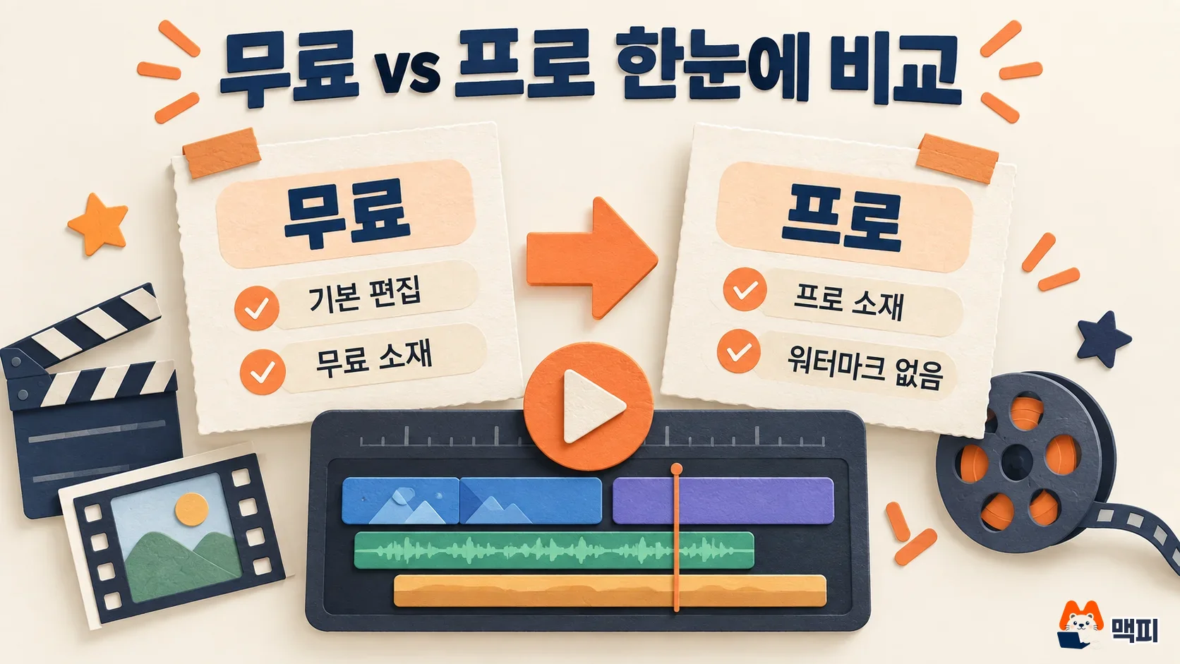 캡컷 무료와 프로 차이를 기본 편집과 프로 소재, 워터마크 유무로 나란히 비교한 도해