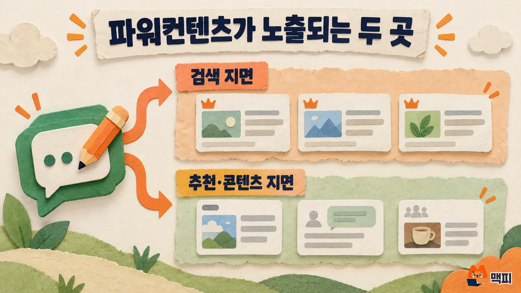 Diagram showing Naver blog ads Power Contents appearing in two places: the popular posts area of the search placement and the mobile recommendation and content placement