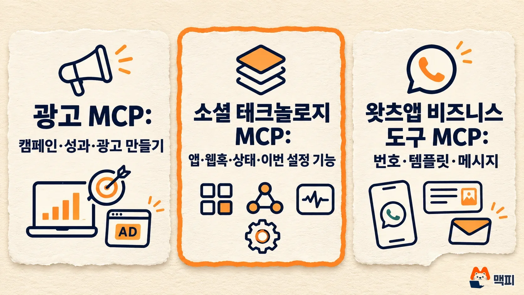 메타 Ads MCP, Social Technologies MCP, WhatsApp Business Tools MCP의 역할 비교 도해