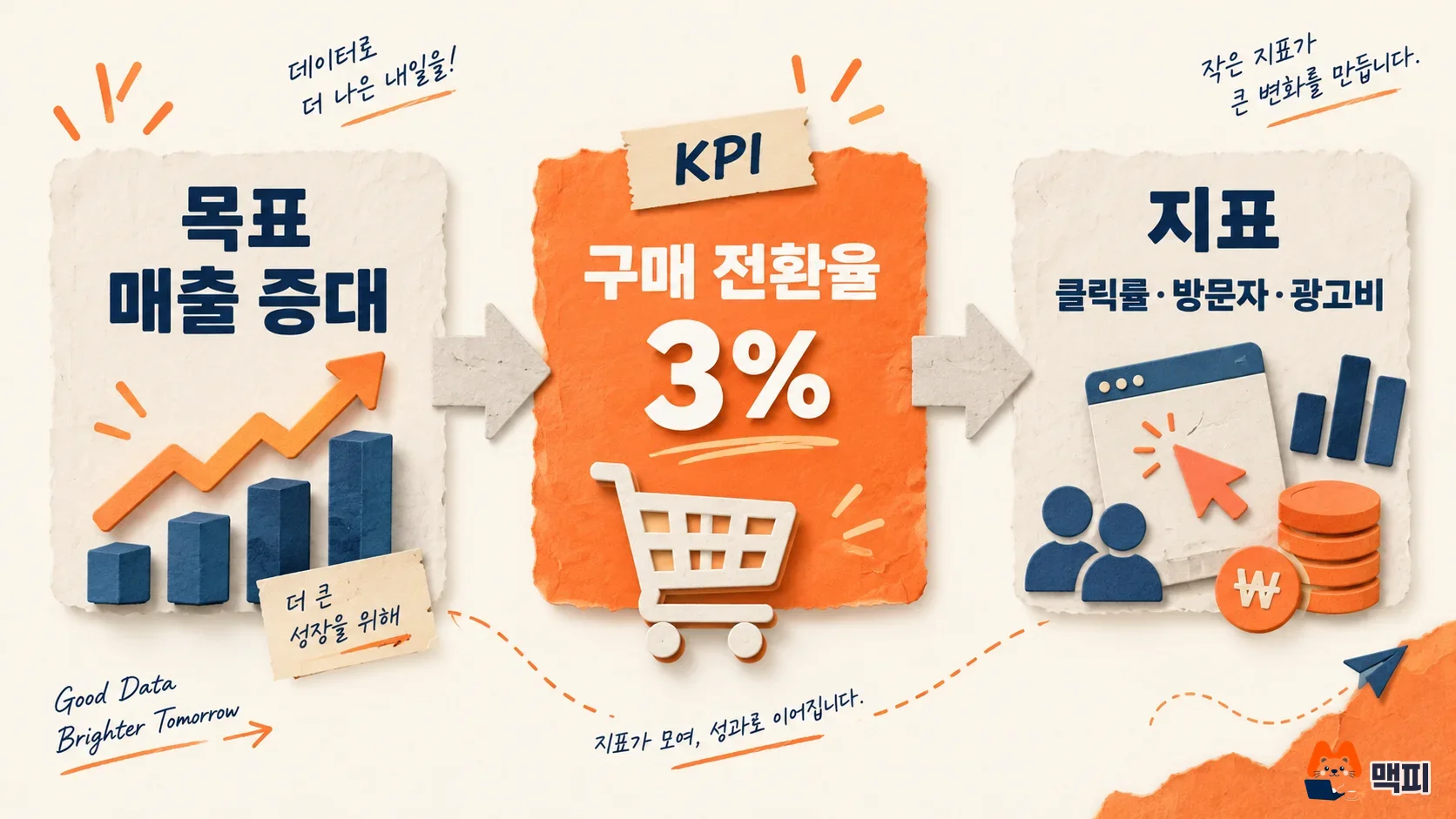 KPI 뜻을 목표 매출 증대, KPI 구매 전환율 3%, 클릭률·방문자·광고비 지표의 관계로 보여 주는 도해