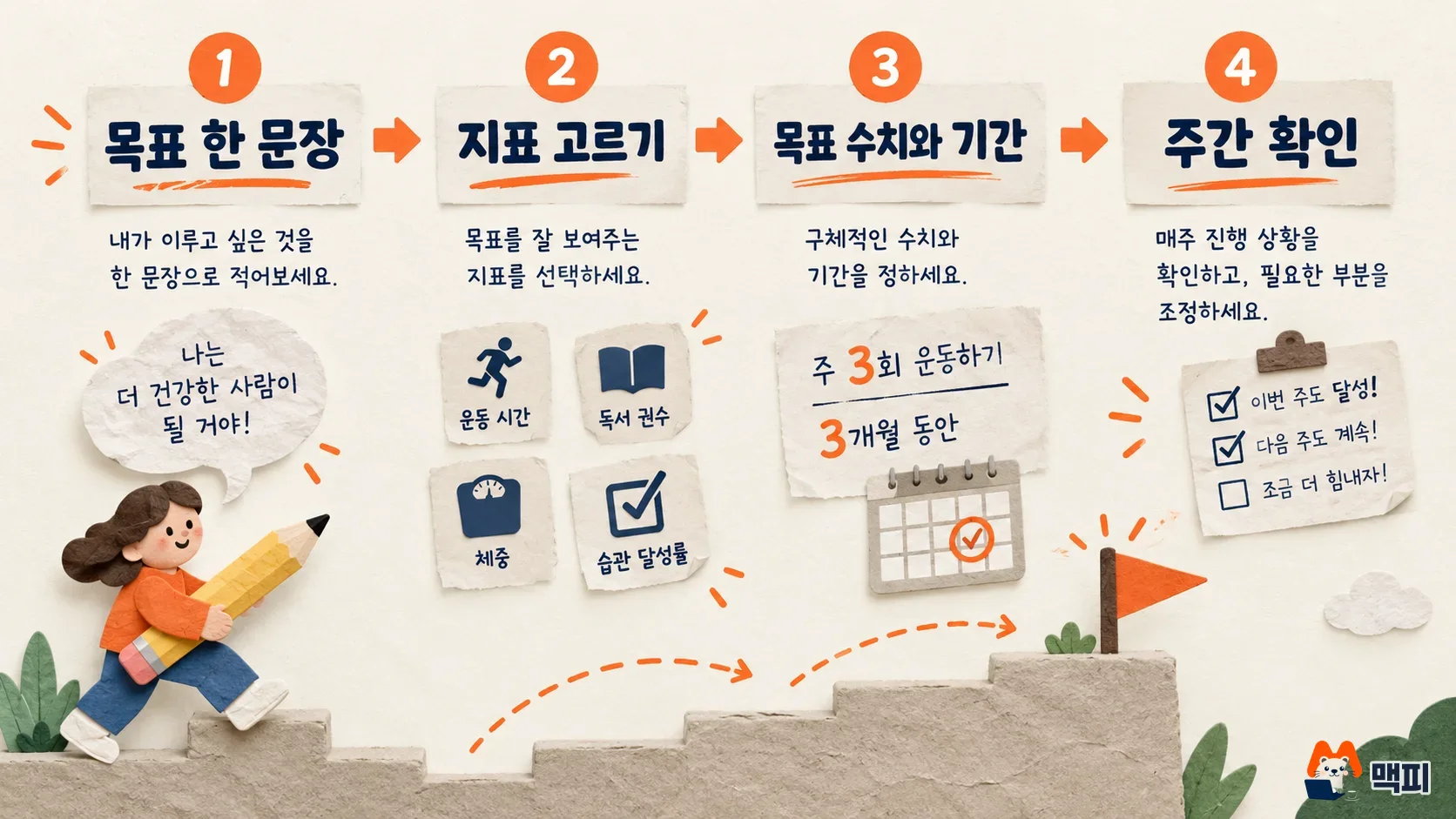 마케팅 KPI를 목표 한 문장, 지표 선택, 목표 수치와 기간, 주간 확인 순서로 정하는 단계 도해