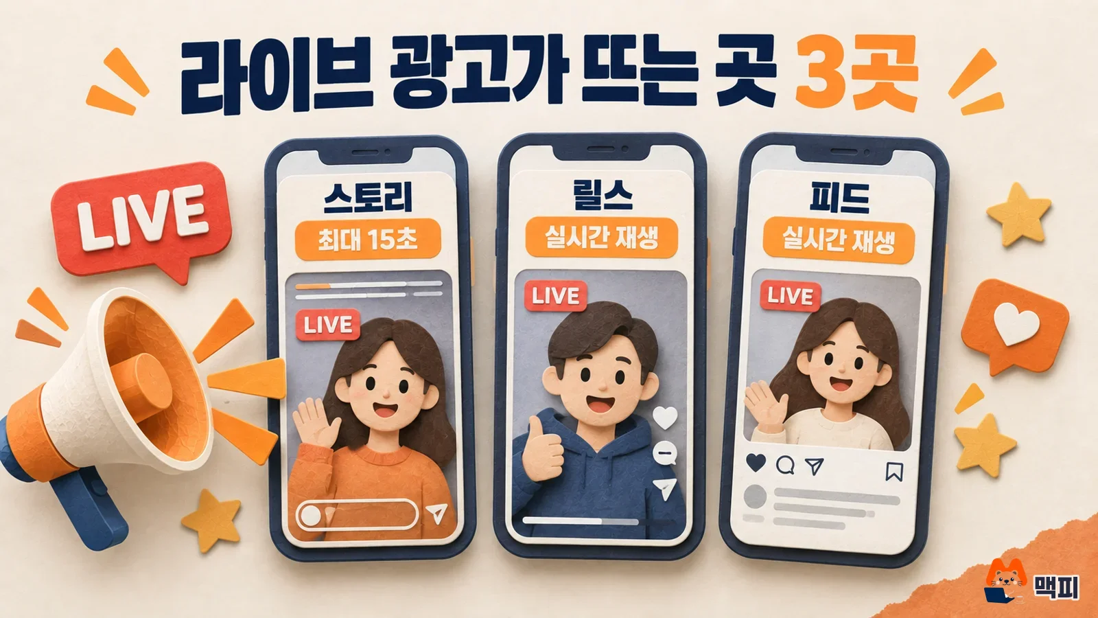 인스타그램 라이브 광고가 스토리 최대 15초, 릴스와 피드 실시간 재생으로 노출되는 세 지면을 보여 주는 도해