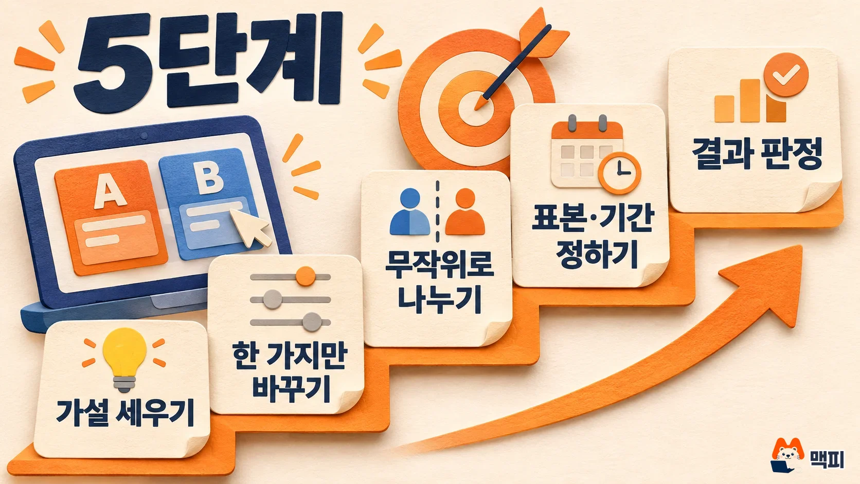 A/B 테스트 5단계: 가설, 한 가지만 변경, 무작위 분할, 표본·기간, 결과 판정