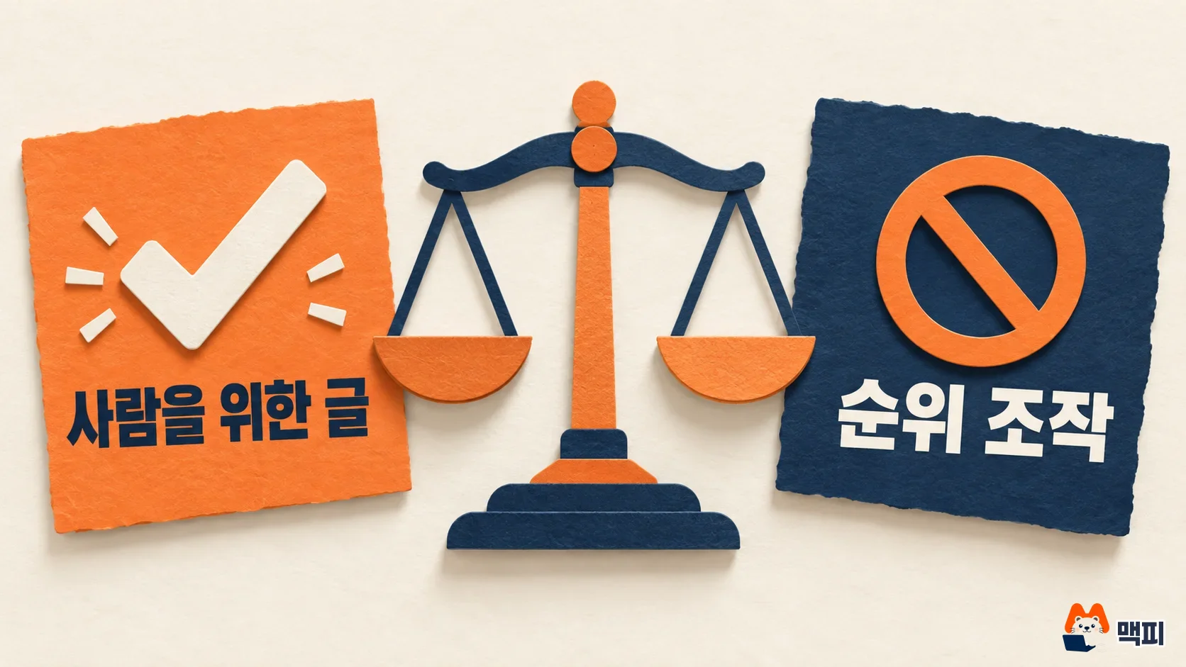 SEO에서 사람을 위한 글과 순위 조작 행위를 저울로 비교한 도해