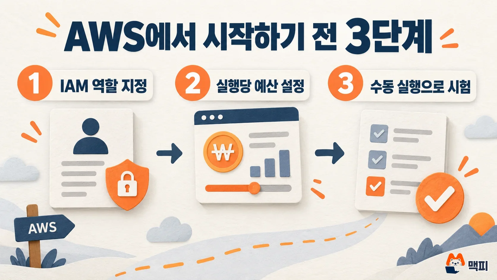 Diagram showing three steps before starting a Claude scheduled deployment on AWS: assign an IAM role, set a per-run budget, and test with a manual run