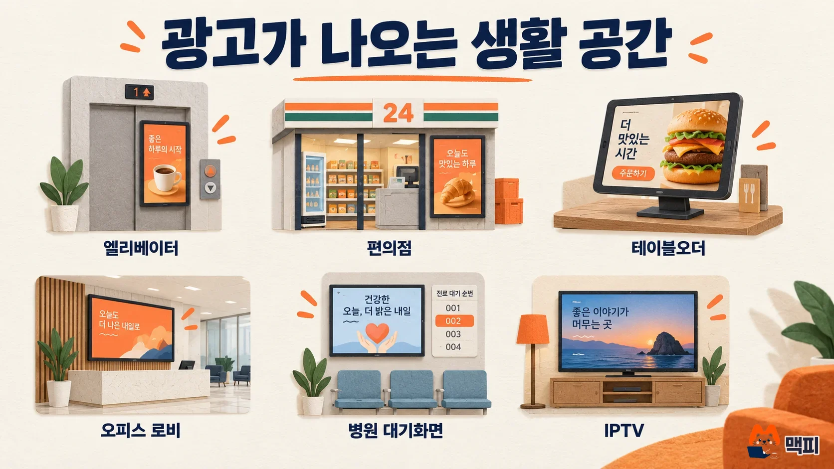 네이버 디지털옥외광고가 노출되는 엘리베이터, 편의점, 테이블오더, 오피스 로비, 병원 대기화면, IPTV를 보여 주는 그림