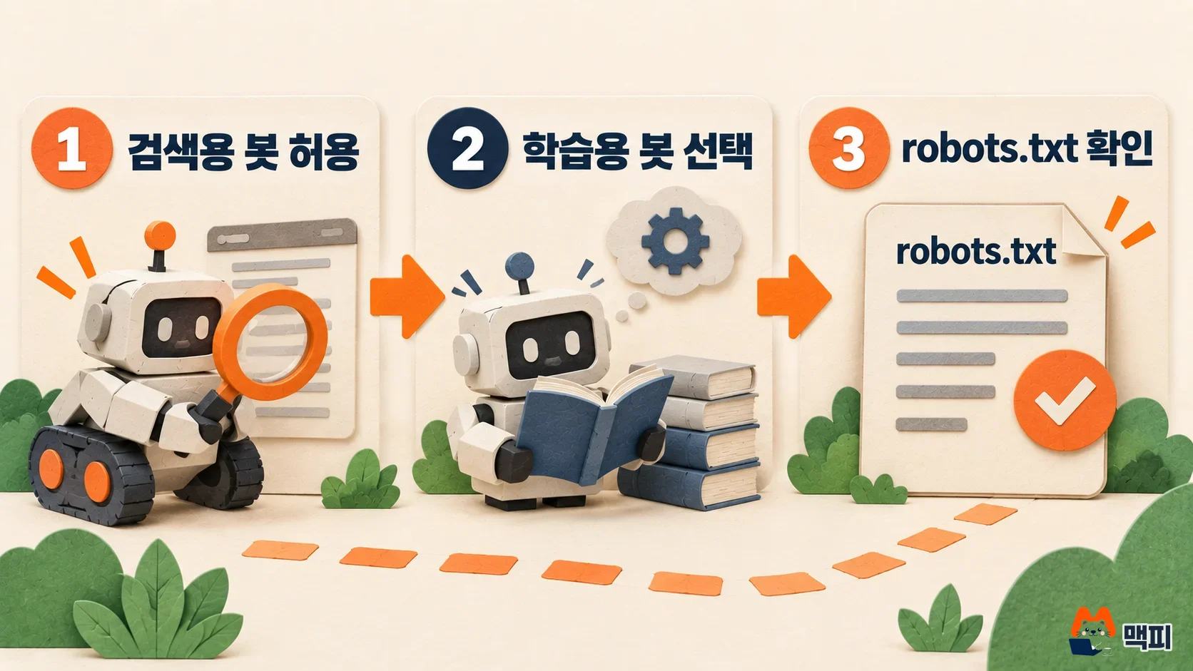 Diagram of three steps for AI search optimization: allow search bots, choose training bot rules, then verify robots.txt