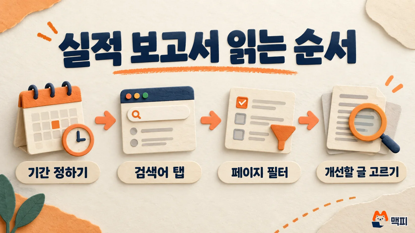 서치콘솔 실적 보고서를 기간, 검색어 탭, 페이지 필터, 개선할 글 선정 순서로 읽는 흐름도