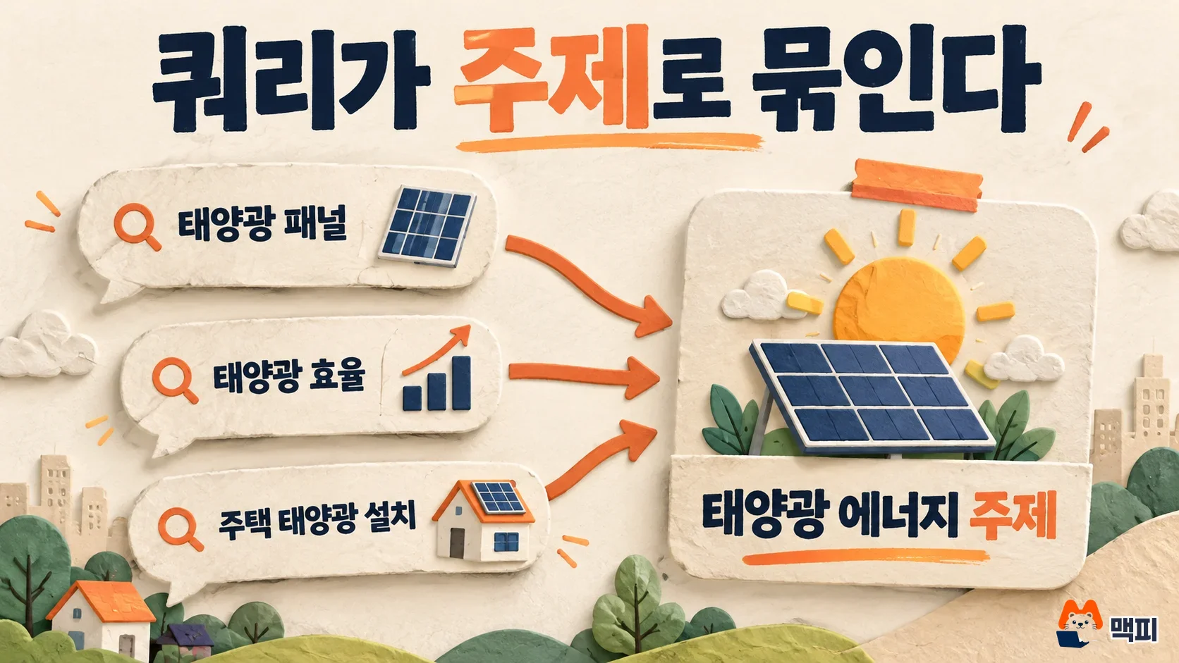 빙 웹마스터 도구 AI 퍼포먼스에서 여러 검색어가 하나의 주제 카드로 묶이는 방식을 보여 주는 도해