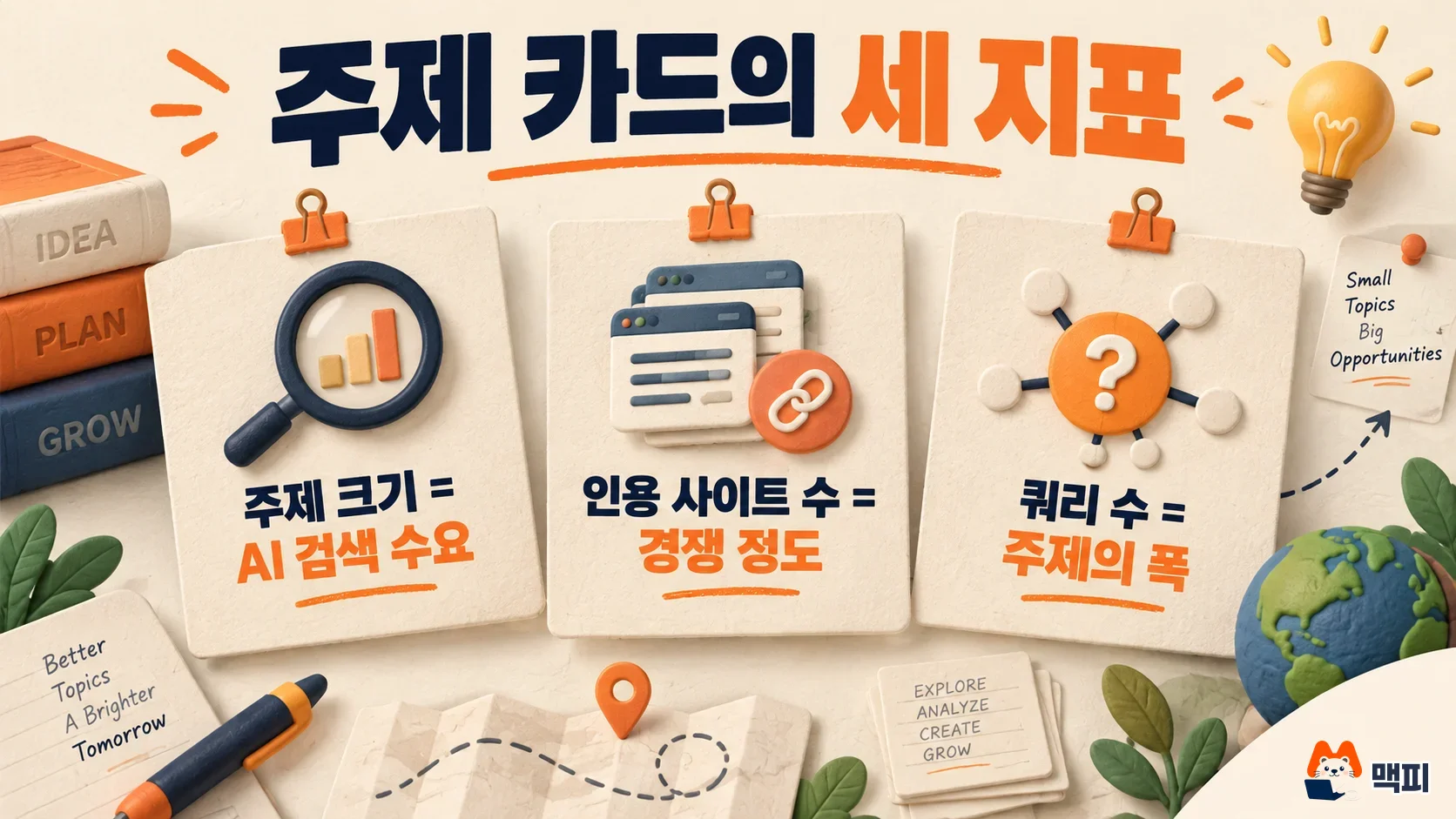 빙 AI 퍼포먼스 토픽 포트폴리오의 Topic Size, Sites Cited, Queries 세 지표를 설명하는 도해