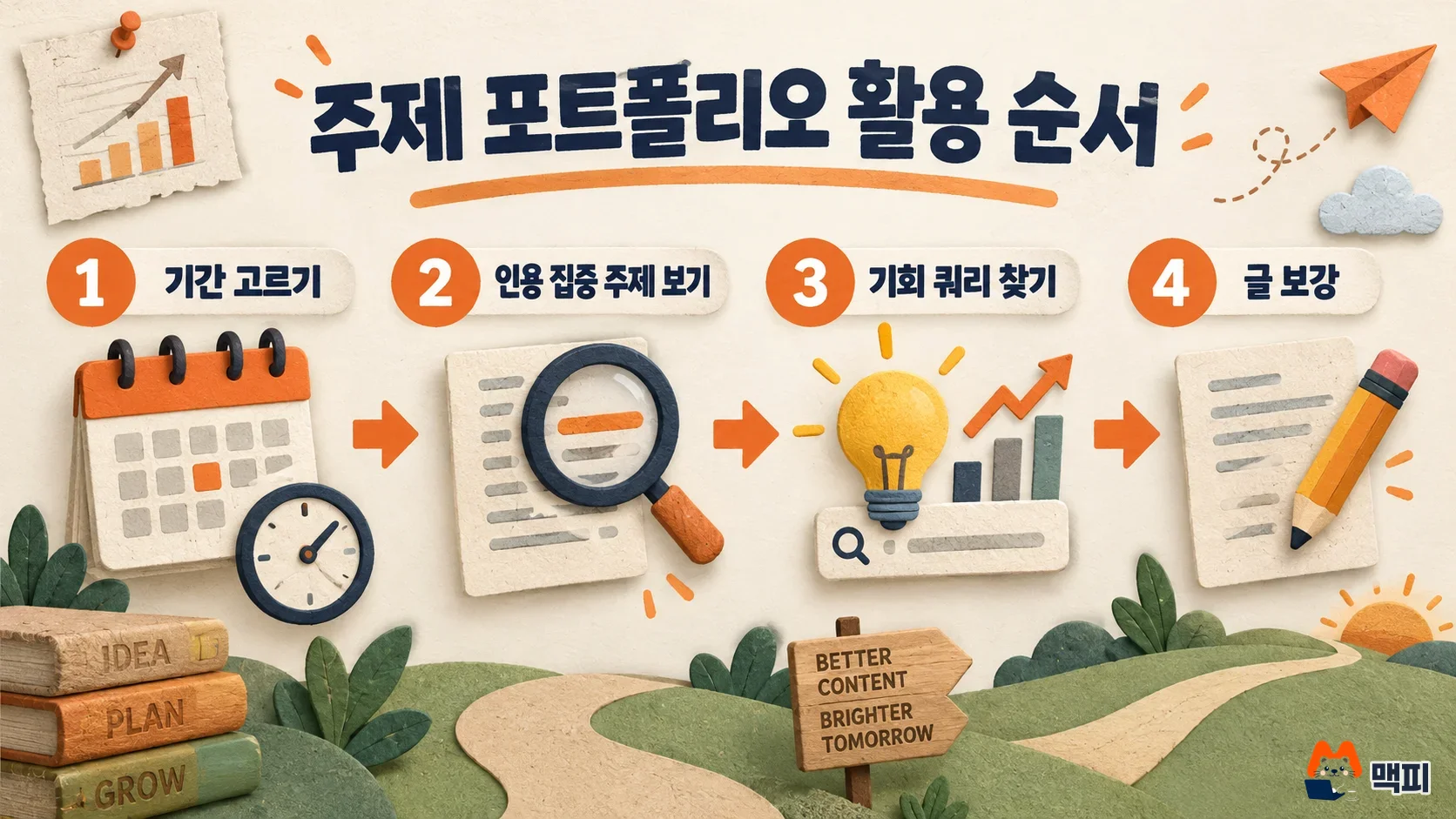 빙 웹마스터 도구 AI 퍼포먼스 토픽 포트폴리오를 기간 선택부터 글 보강까지 활용하는 단계 도해