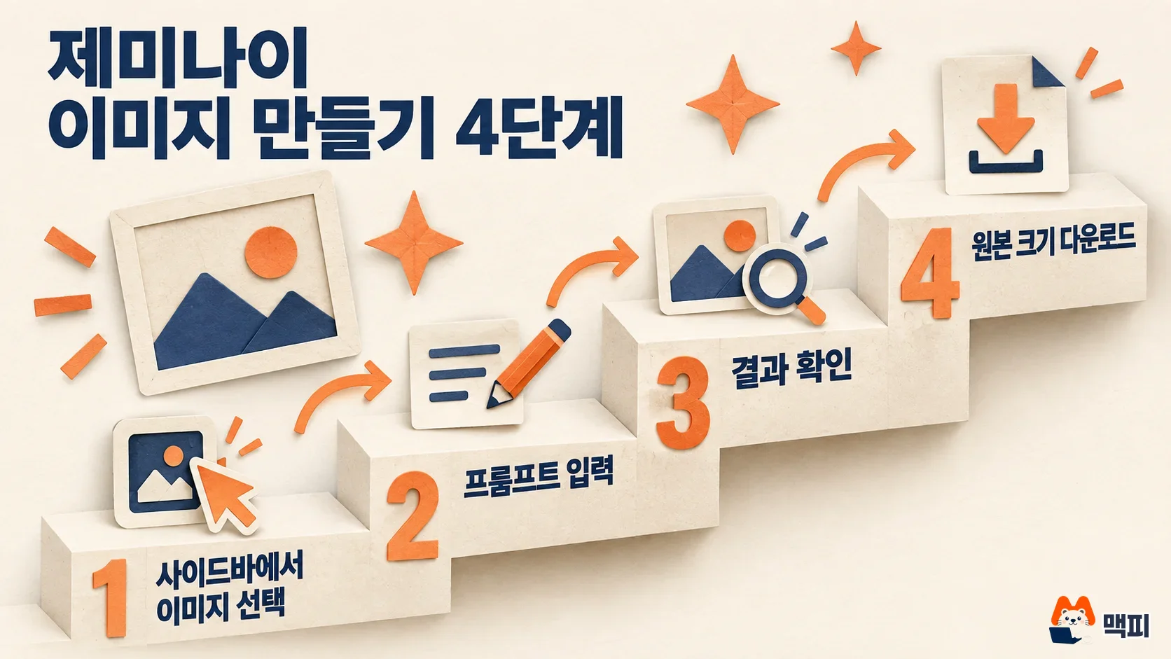 나노바나나 사용법 중 제미나이에서 이미지를 만드는 4단계를 계단으로 보여 주는 도해
