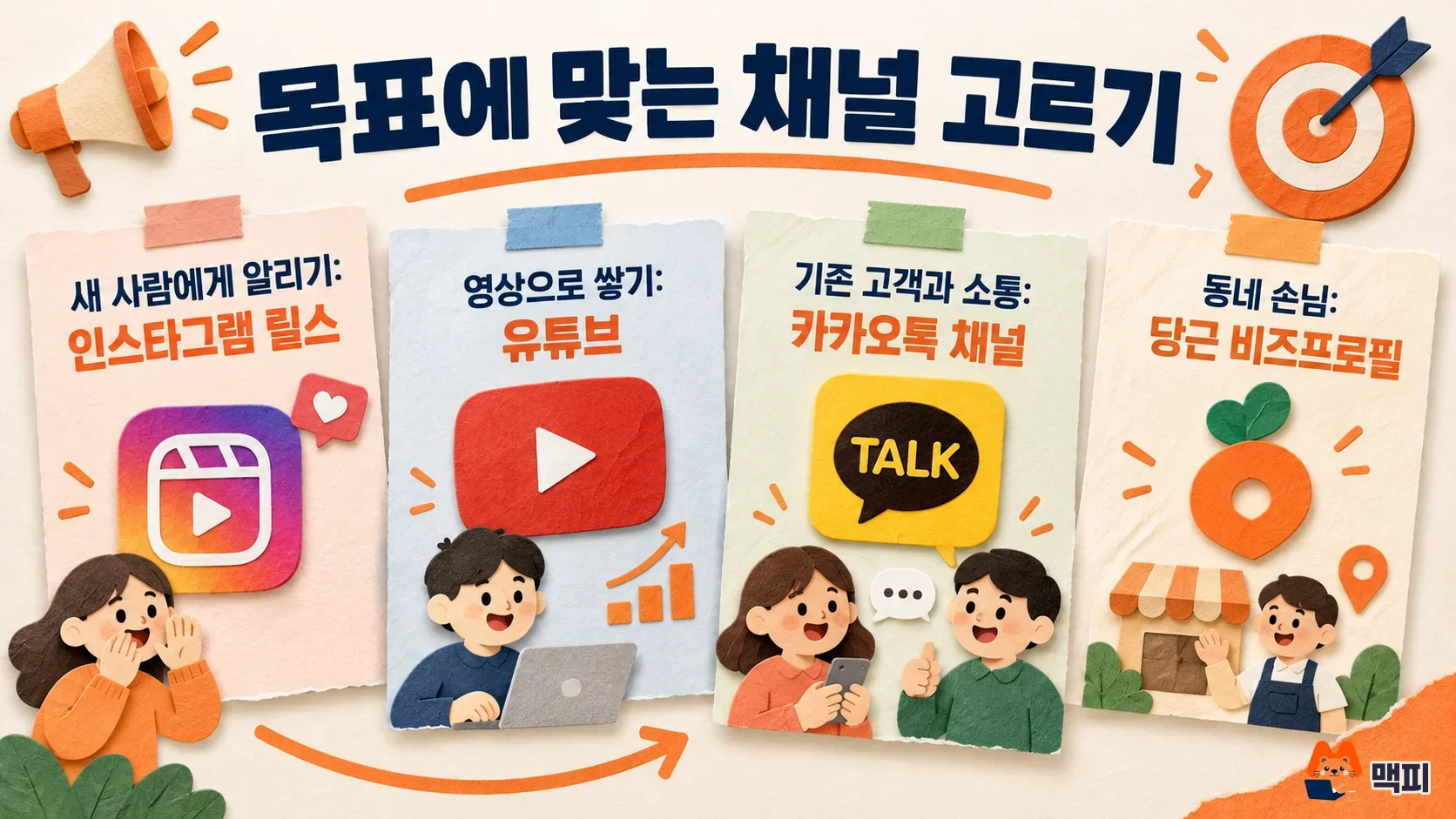SNS 마케팅 채널을 새 사람, 영상, 기존 고객, 동네 손님 목표별로 고르는 도해
