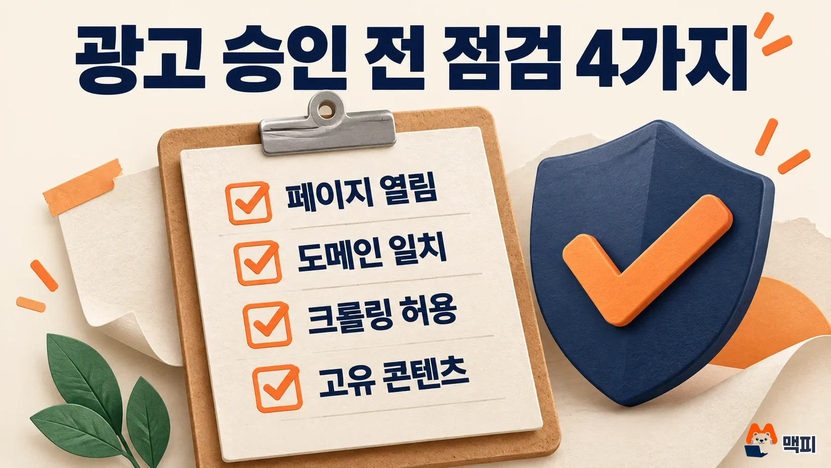 Checklist of four items to verify before ad approval: page loads, domain match, crawling allowed, unique content