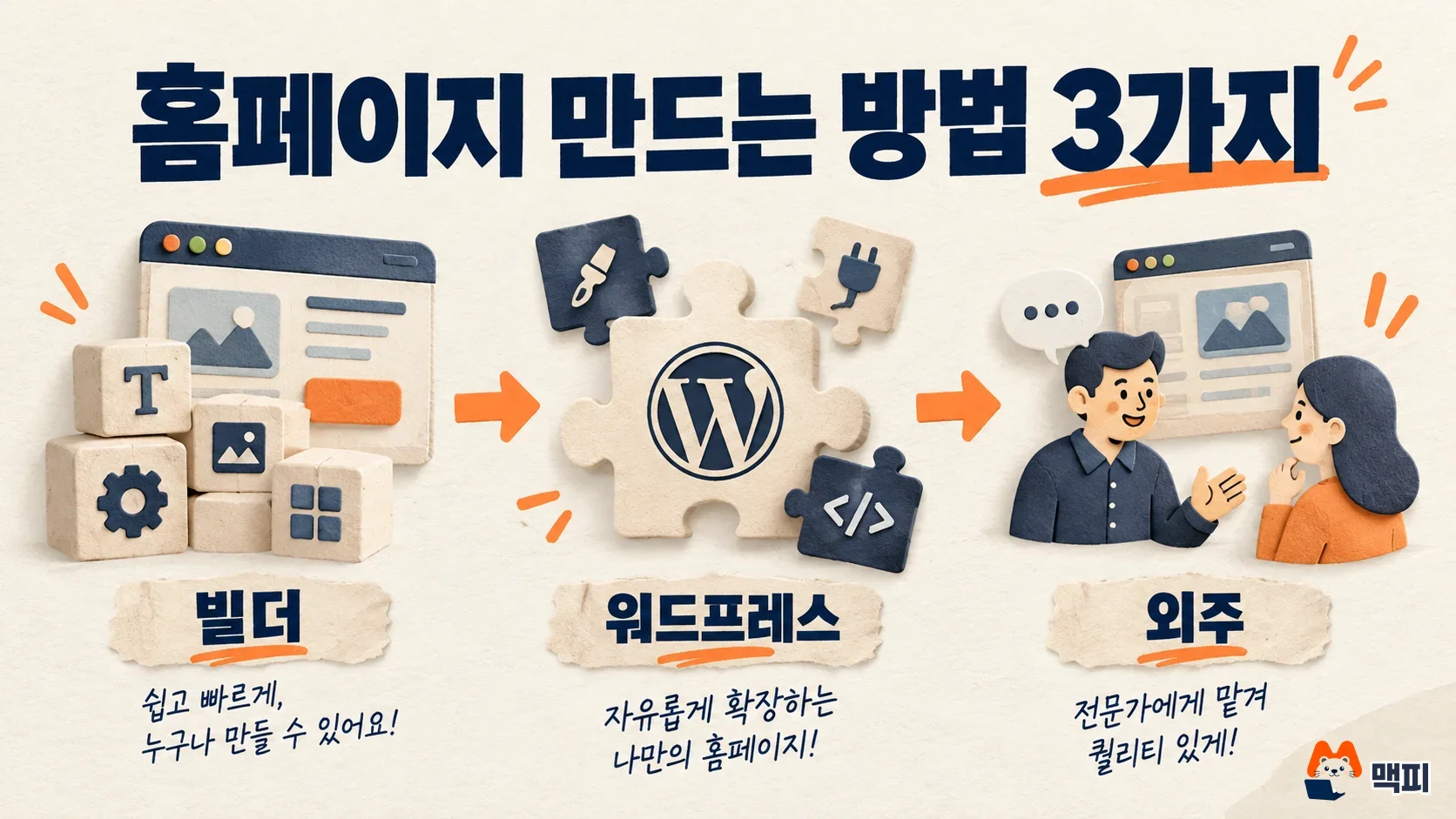 홈페이지 만들기 방법인 빌더, 워드프레스, 제작 업체를 비교한 도해