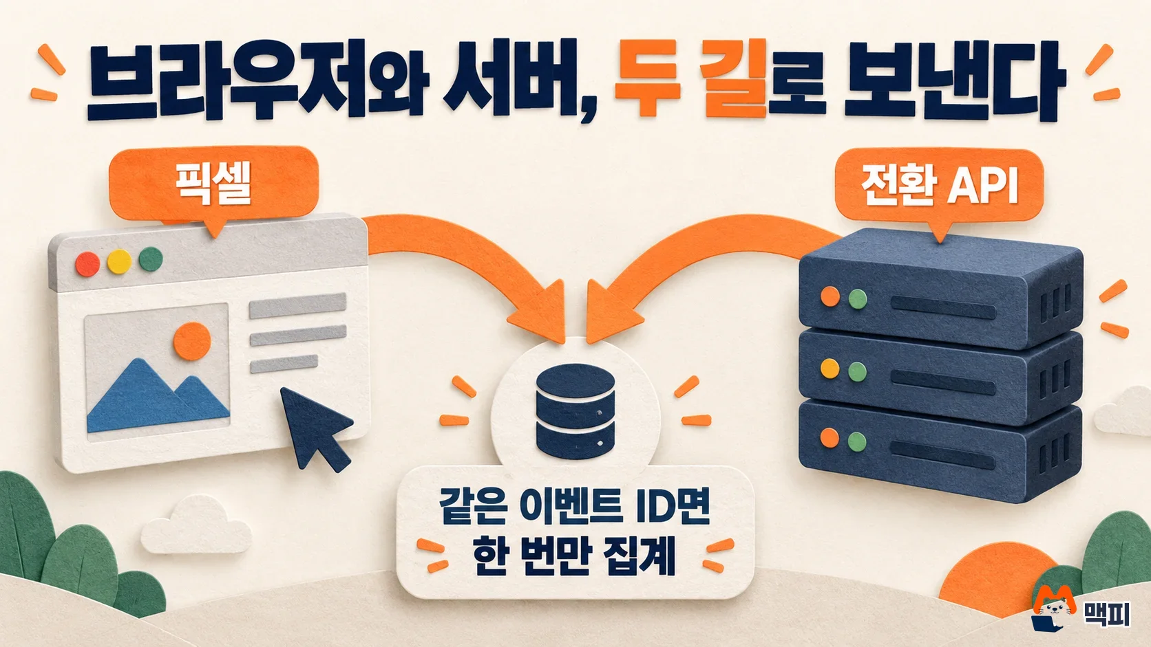 챗GPT 광고 픽셀은 브라우저에서, 전환 API는 서버에서 이벤트를 보내고 같은 이벤트 ID면 한 번만 집계됨을 보여 주는 도해