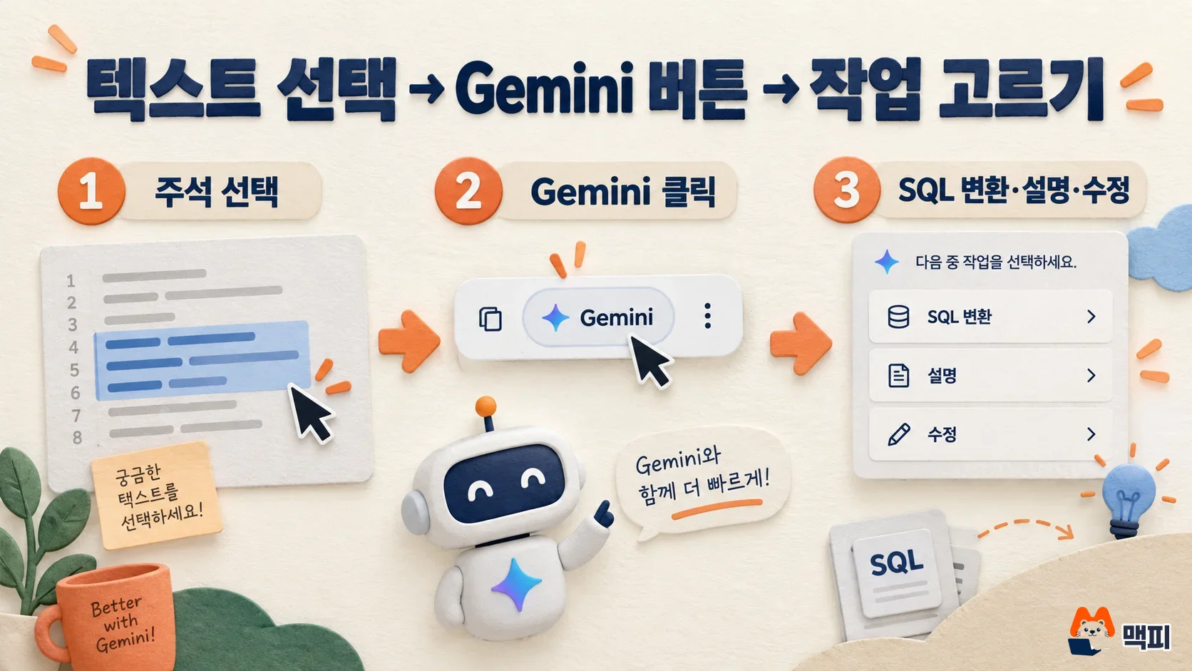 Three-step flow in the BigQuery SQL editor: select text, click the Gemini button, then choose convert, explain or fix