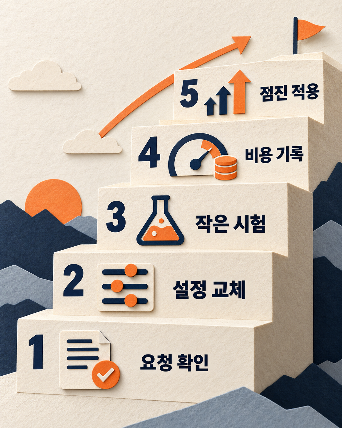 클로드 소넷 5.5 API 전환을 요청 확인부터 설정 교체, 작은 시험, 비용 기록, 점진 적용까지 다섯 단계로 나타낸 그림.