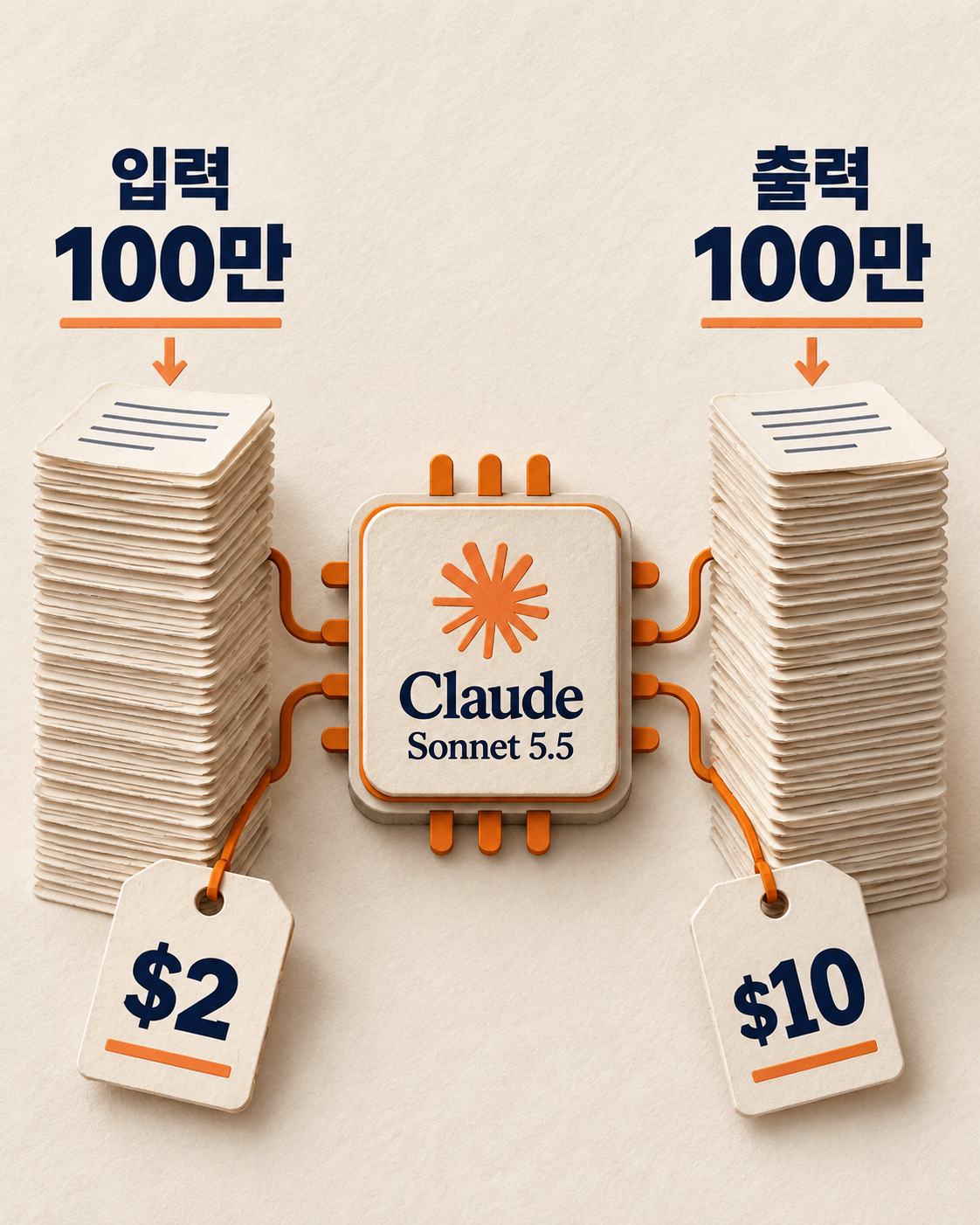 클로드 소넷 5.5 API의 입력과 출력 100만 토큰당 달러 요율을 두 토큰 더미로 비교한 그림.