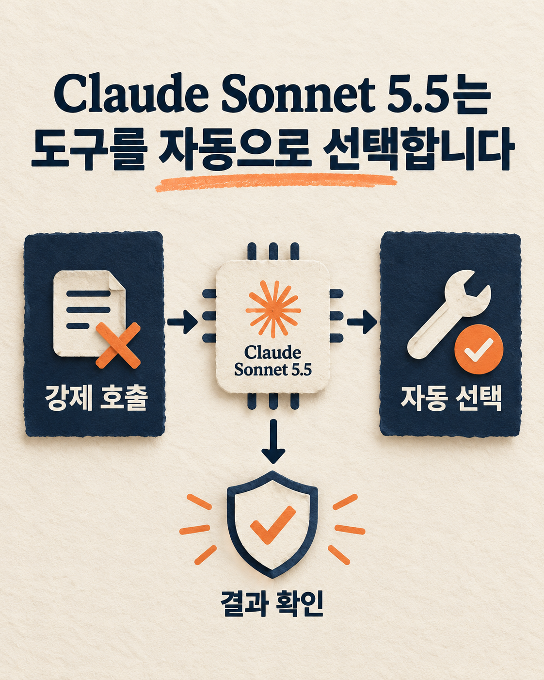클로드 소넷 5.5 API에서 강제 도구 호출을 자동 선택으로 바꾸고 실행 결과를 검증하는 흐름을 그린 그림.