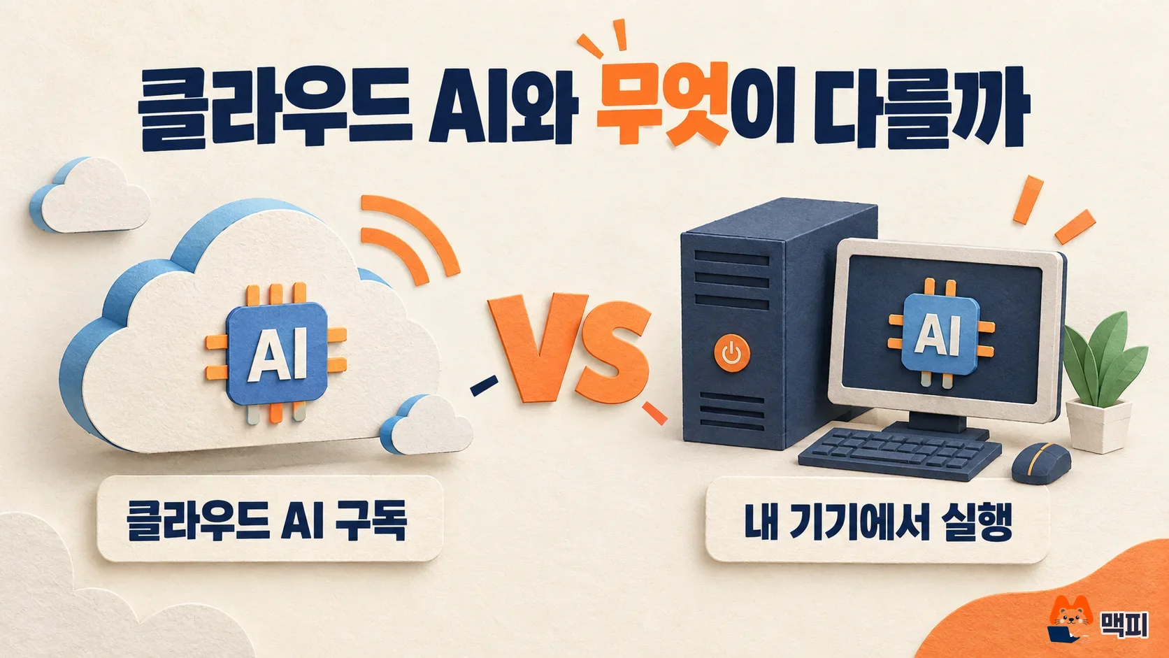 클라우드 AI 구독과 고스트 코어처럼 내 기기에서 실행하는 개인용 AI 컴퓨터를 비교한 그림