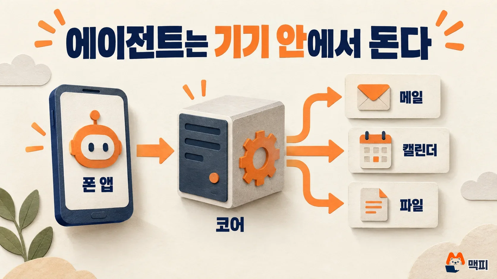 폰 앱에서 고스트 코어로 요청하면 기기 안의 에이전트가 메일·캘린더·파일을 처리하는 흐름도