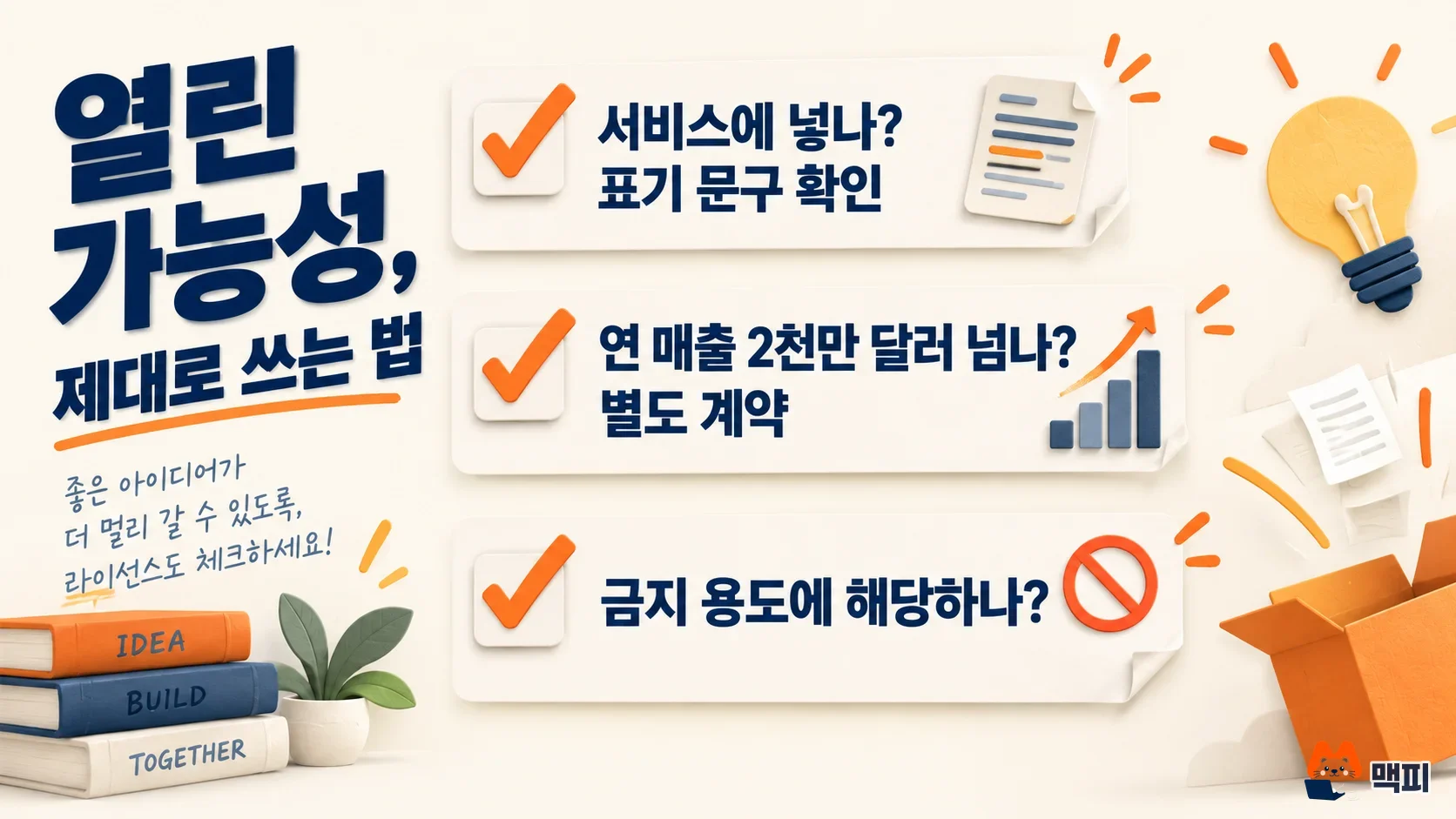 뮤즈 스파크 오픈 라이선스에서 표기 문구, 매출 기준, 금지 용도를 점검하는 체크리스트 도해