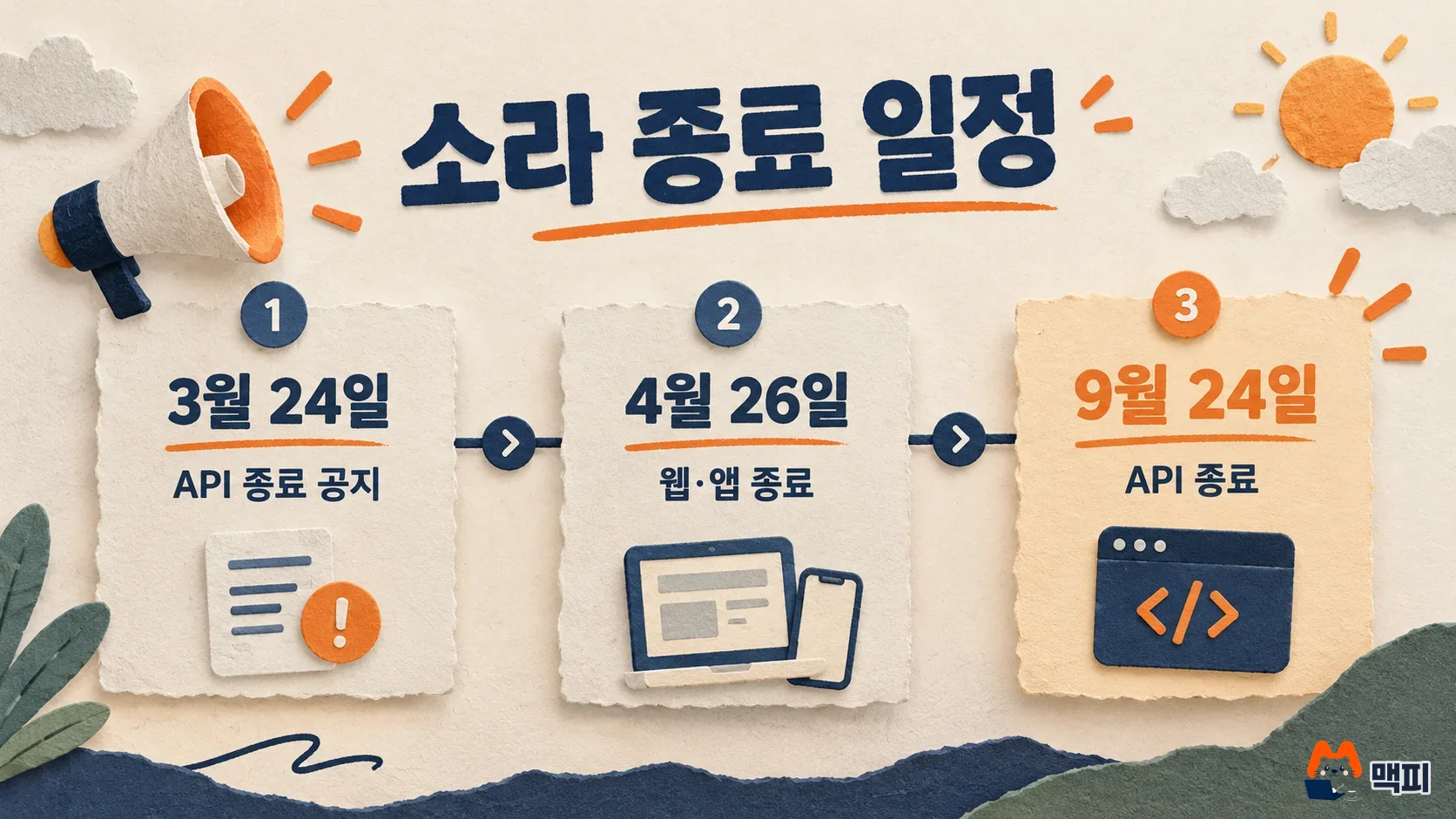 Diagram of the Sora AI shutdown timeline: API shutdown notice on March 24, web and app shutdown on April 26, API shutdown on September 24