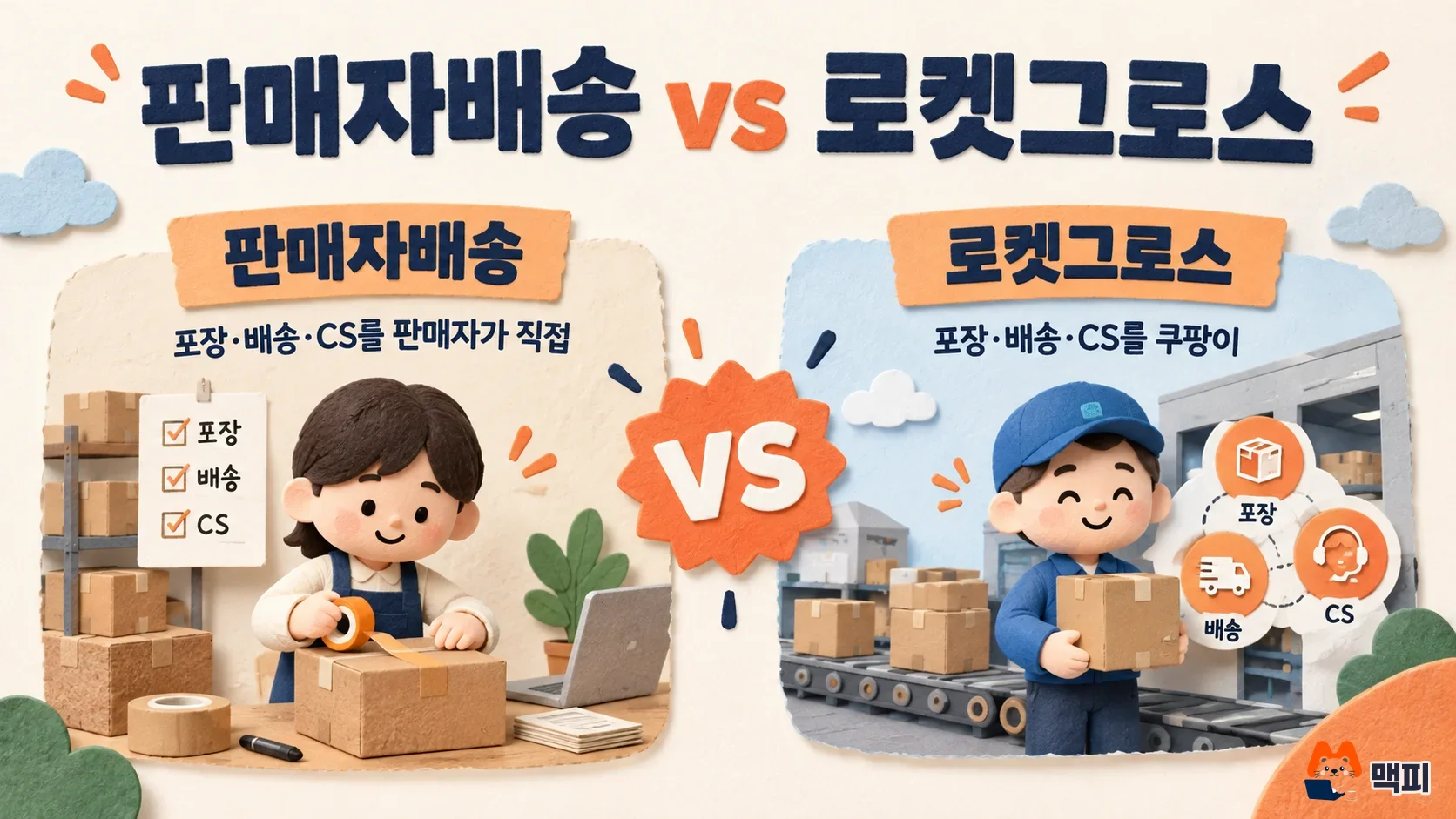 Diagram comparing who handles packing, delivery and CS in Coupang Rocket Growth versus seller-fulfilled delivery