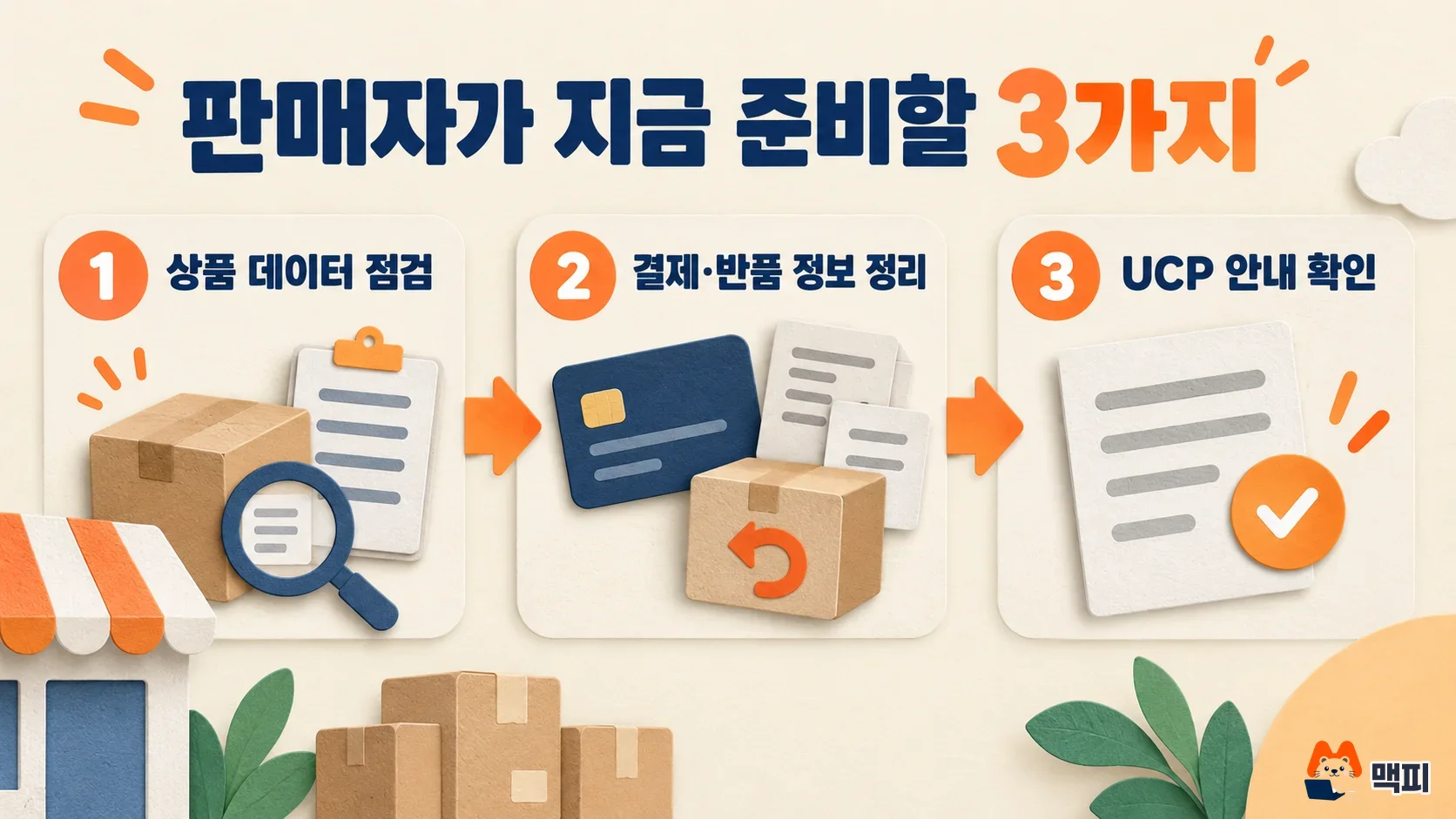 Diagram showing three steps a merchant takes for the Google Universal Cart launch: check product data, checkout and return information, and UCP guidance