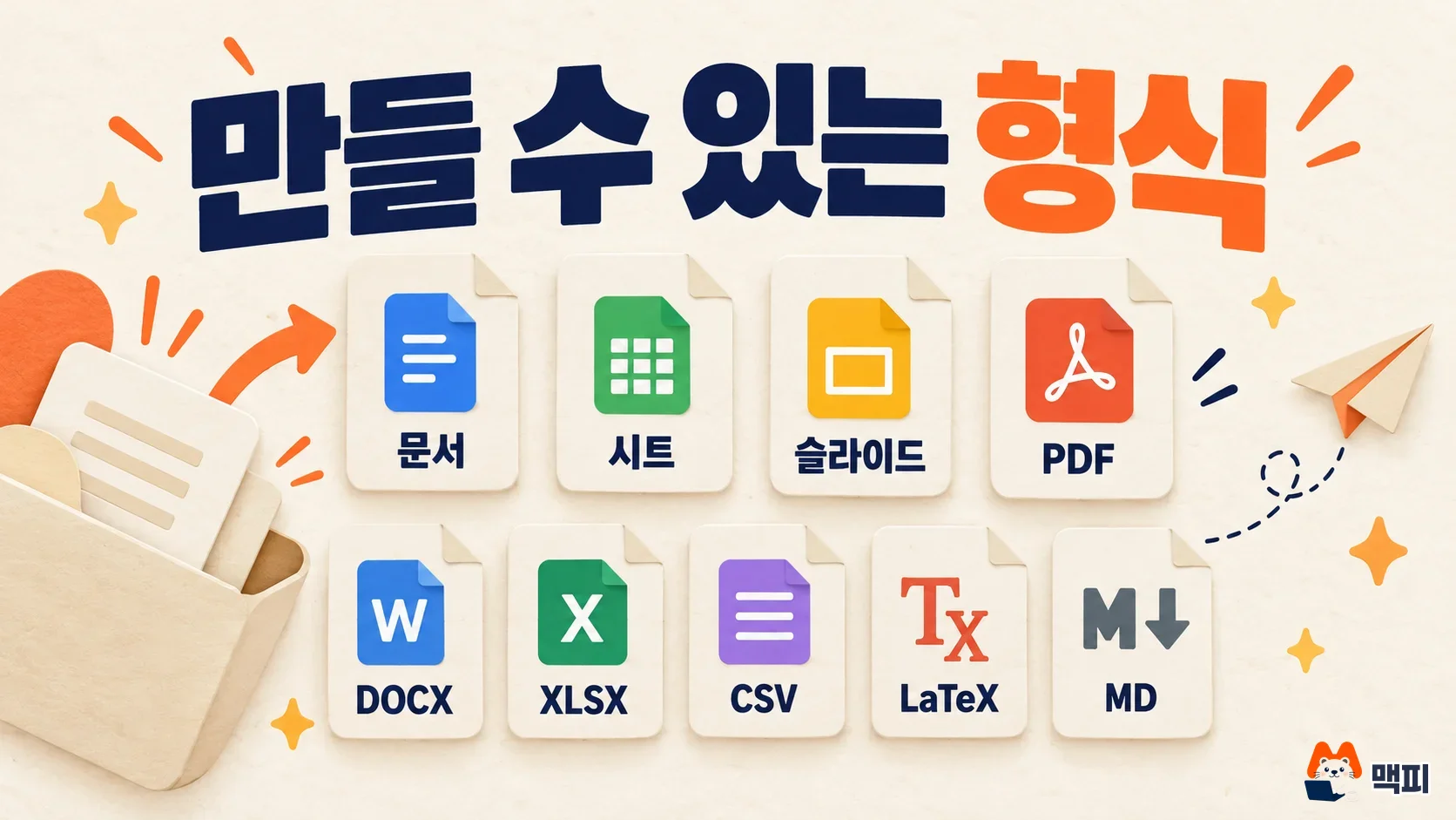 제미나이 파일 생성으로 만들 수 있는 문서, 시트, 슬라이드, PDF, DOCX, XLSX, CSV, LaTeX, Markdown 형식을 카드로 보여 주는 도해