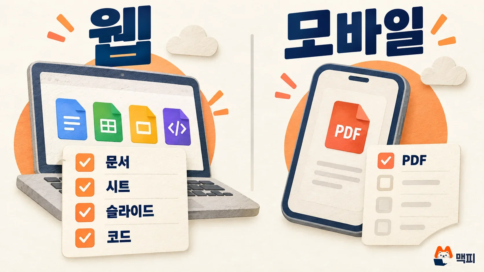 제미나이 파일 미리보기와 편집이 웹에서는 문서·시트·슬라이드·코드에, 모바일에서는 PDF에만 지원됨을 비교한 도해