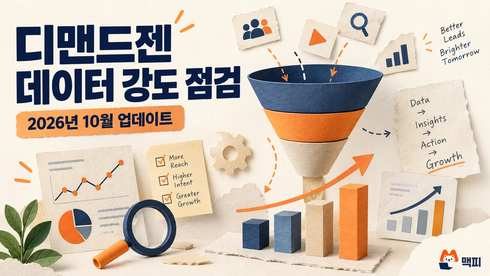 디맨드젠 데이터 강도 점검을 퍼널과 데이터 막대로 표현한 대표 이미지